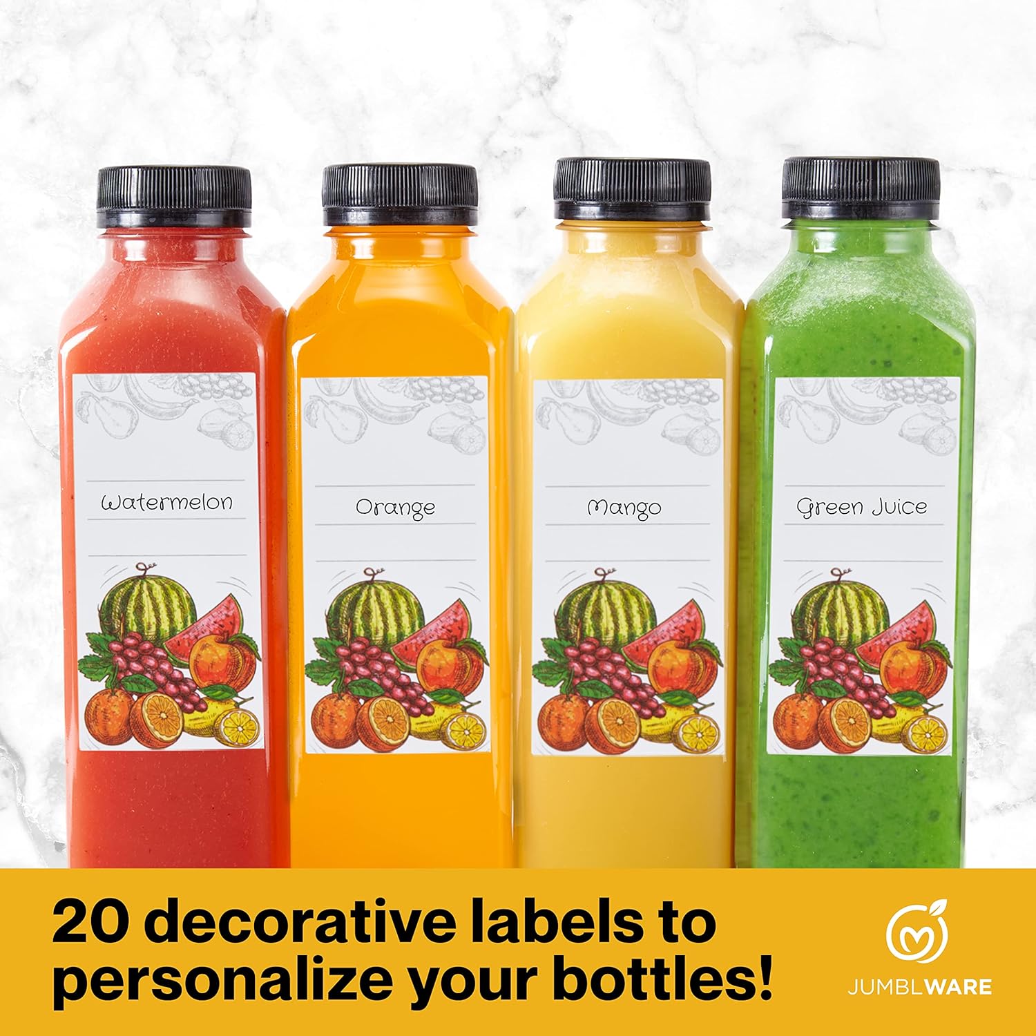 JumblWare Juego de 40 botellas reutilizables de jugo de plástico transparente de 16 onzas con embudo, cepillo de limpieza y etiquetas para el