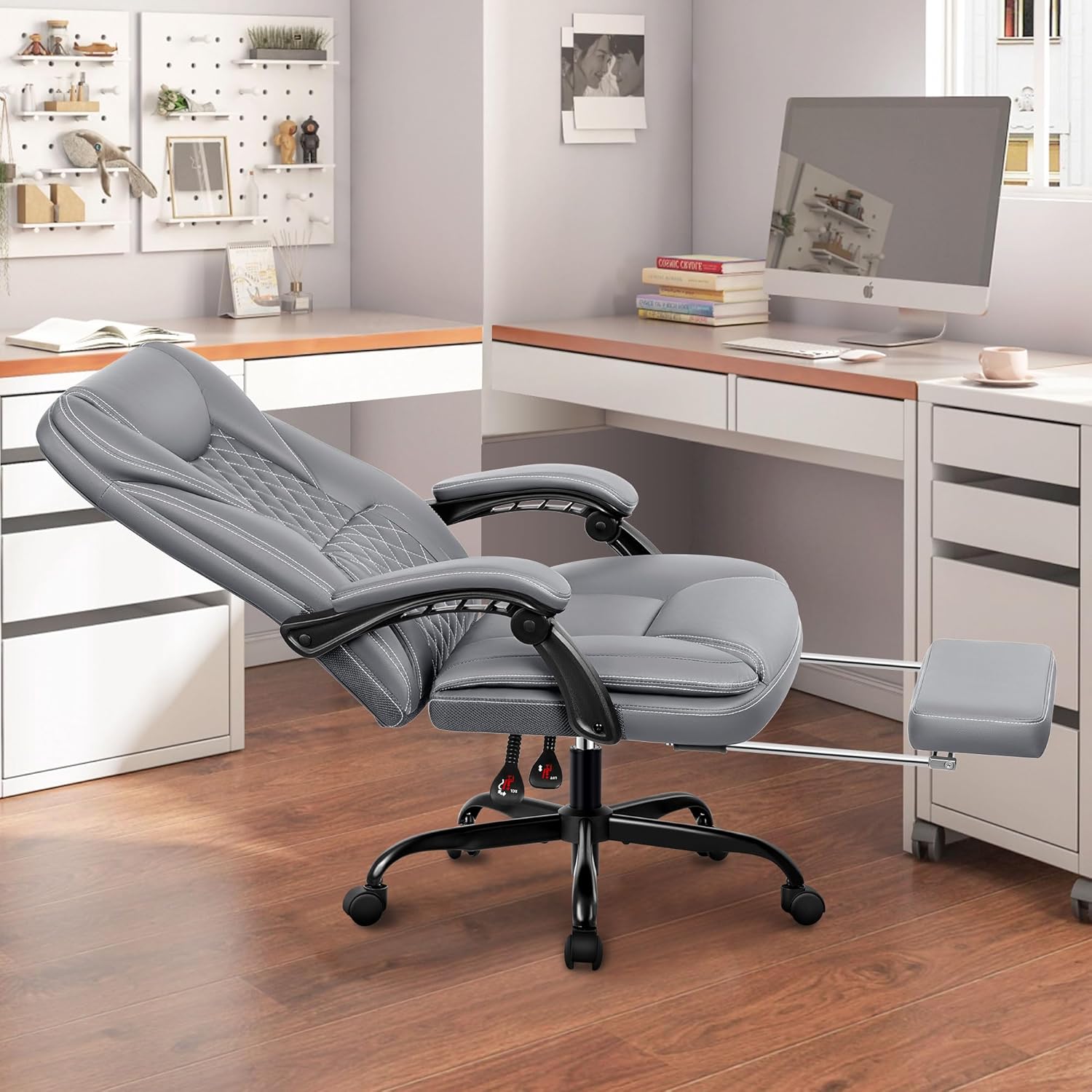 Guessky Silla de oficina ejecutiva, silla de oficina reclinable de cuero grande y alta con reposapiés, respaldo alto, silla de escritorio de oficina