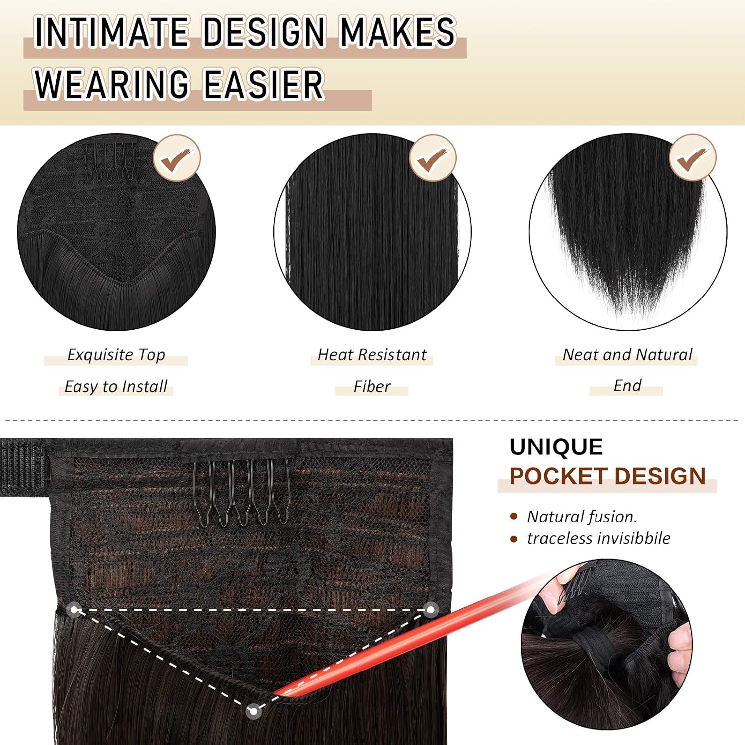 Sofeiyan – Extensión de cola de caballo larga, cabello lacio sintético, extensión con clip envolvente para mujer