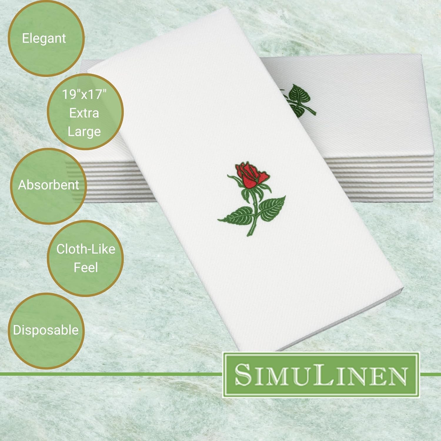 SimuLinen – Servilletas decorativas  Como tela y desechables  Elegantes y duraderas  Suave y absorbente  Grande 19 x 17 pulgadas  Empaquetadas para