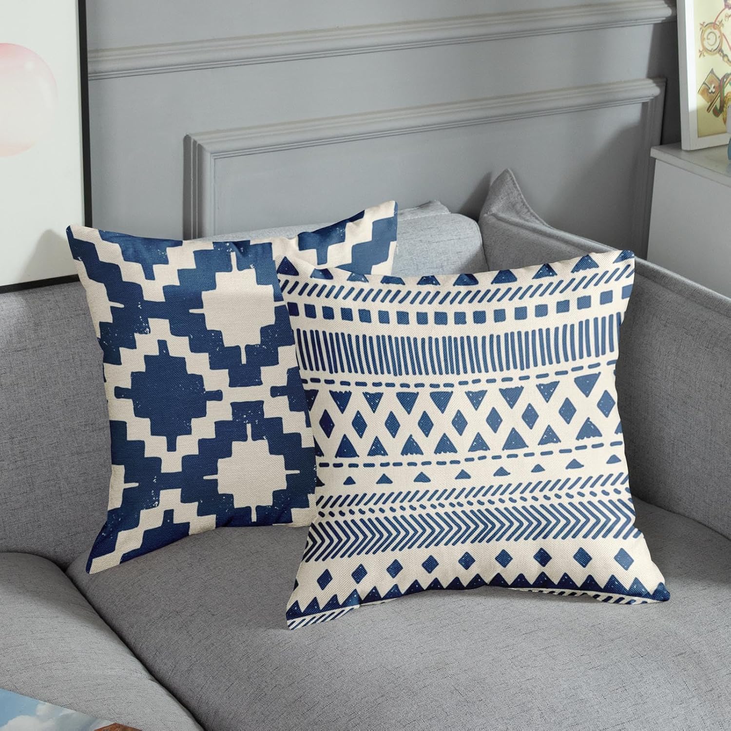 Juego de 4 fundas de almohada decorativas para decoración del hogar, color azul marino, retro, geométrico, a rayas, marroquíes, tribales, bohemias,