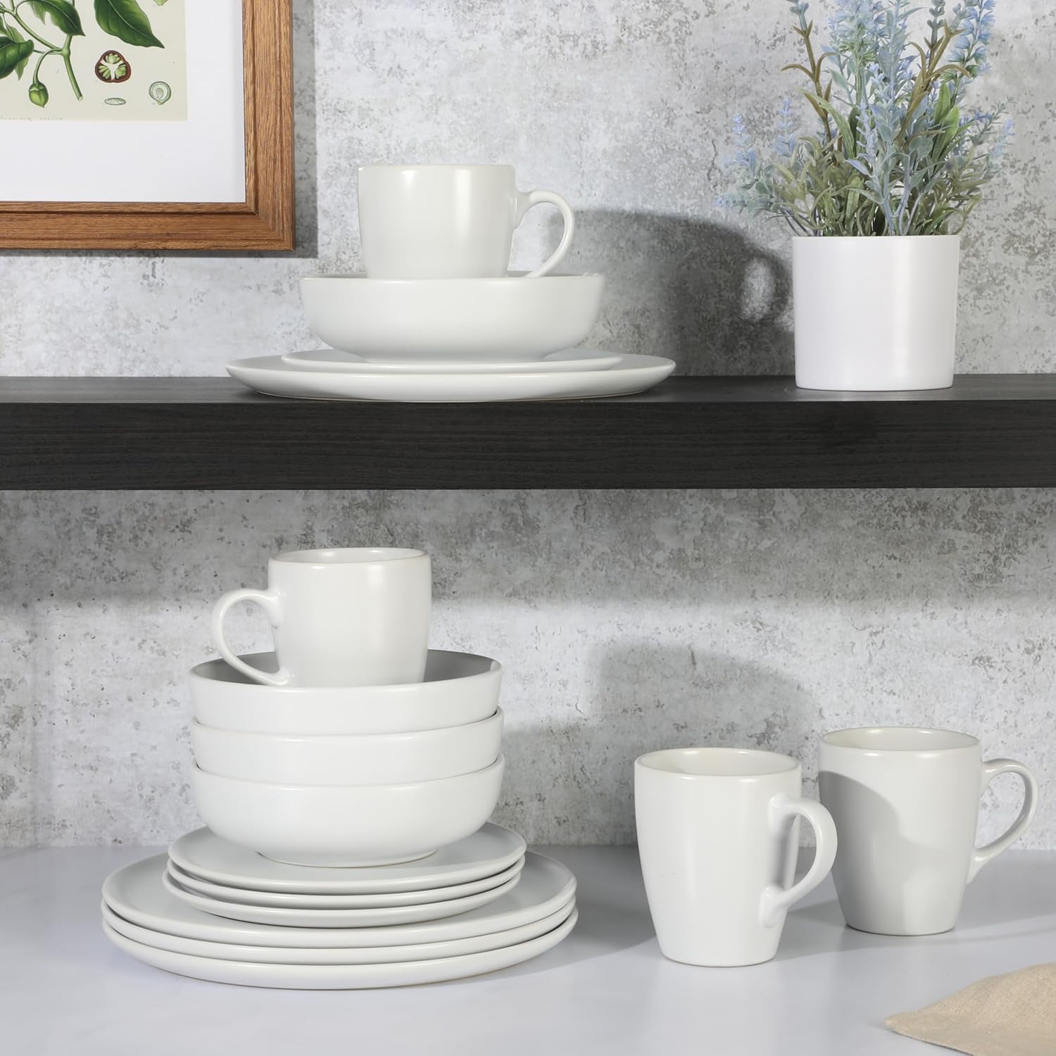 Gibson Home Serenade – Juego de platos y cuencos de cerámica mate, 16 piezas, fabricado en Tailandia, color blanco mate
