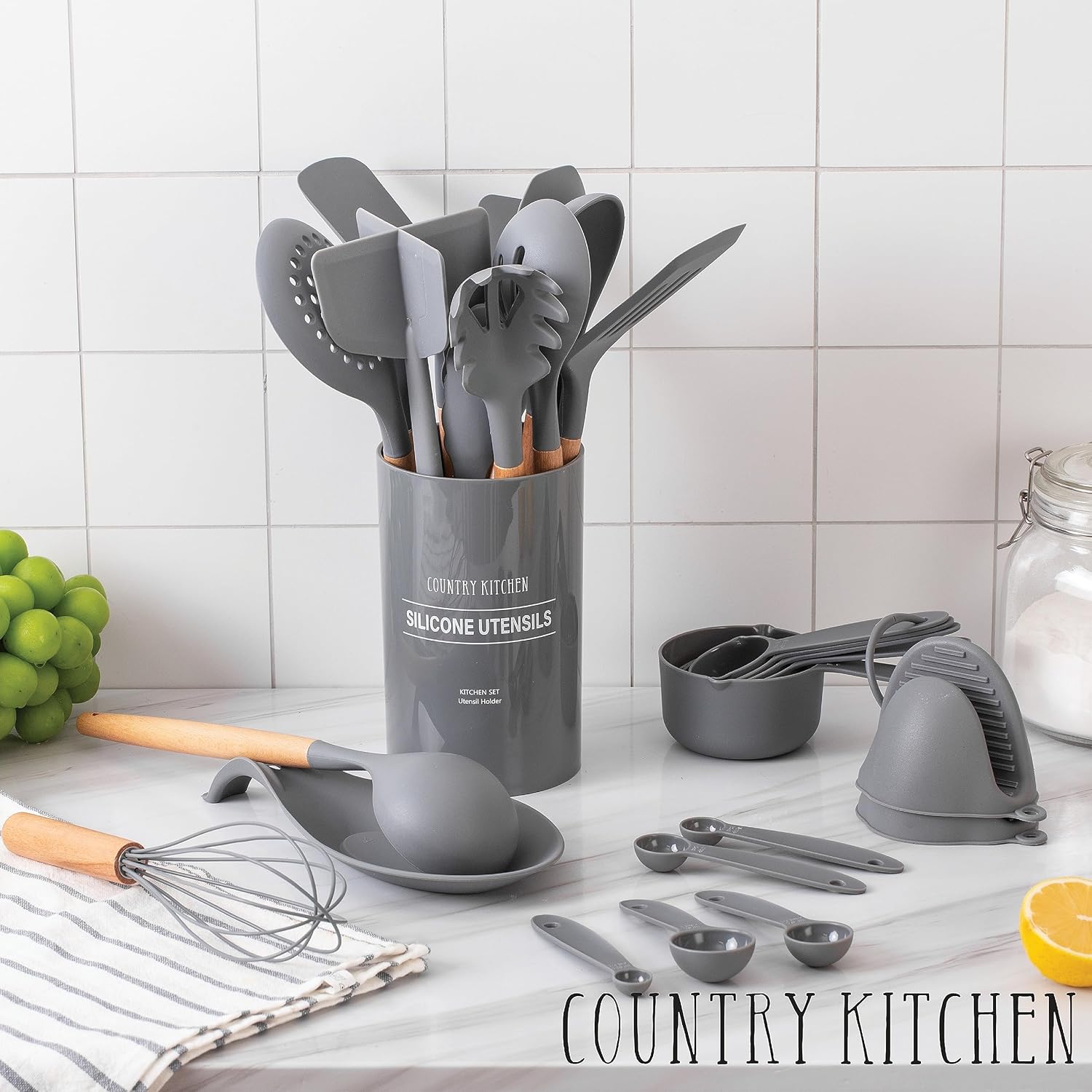 Country Kitchen Juego de utensilios de cocina  Juego de 38 espátulas de silicona antiadherentes con soporte, asas de madera y utensilios resistentes