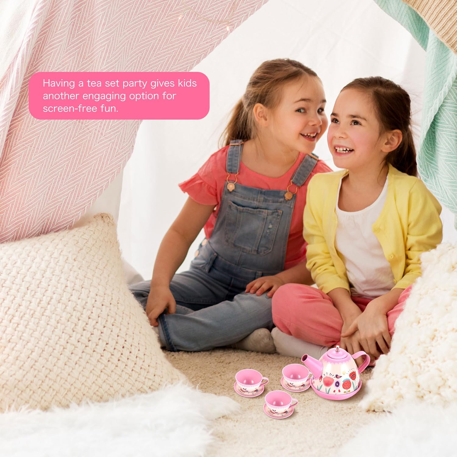 PowerTRC Juego de 48 piezas de fiesta de té de princesa para niños, juego de té de lujo que incluye postres, galletas, aperitivos, tetera, tazas y