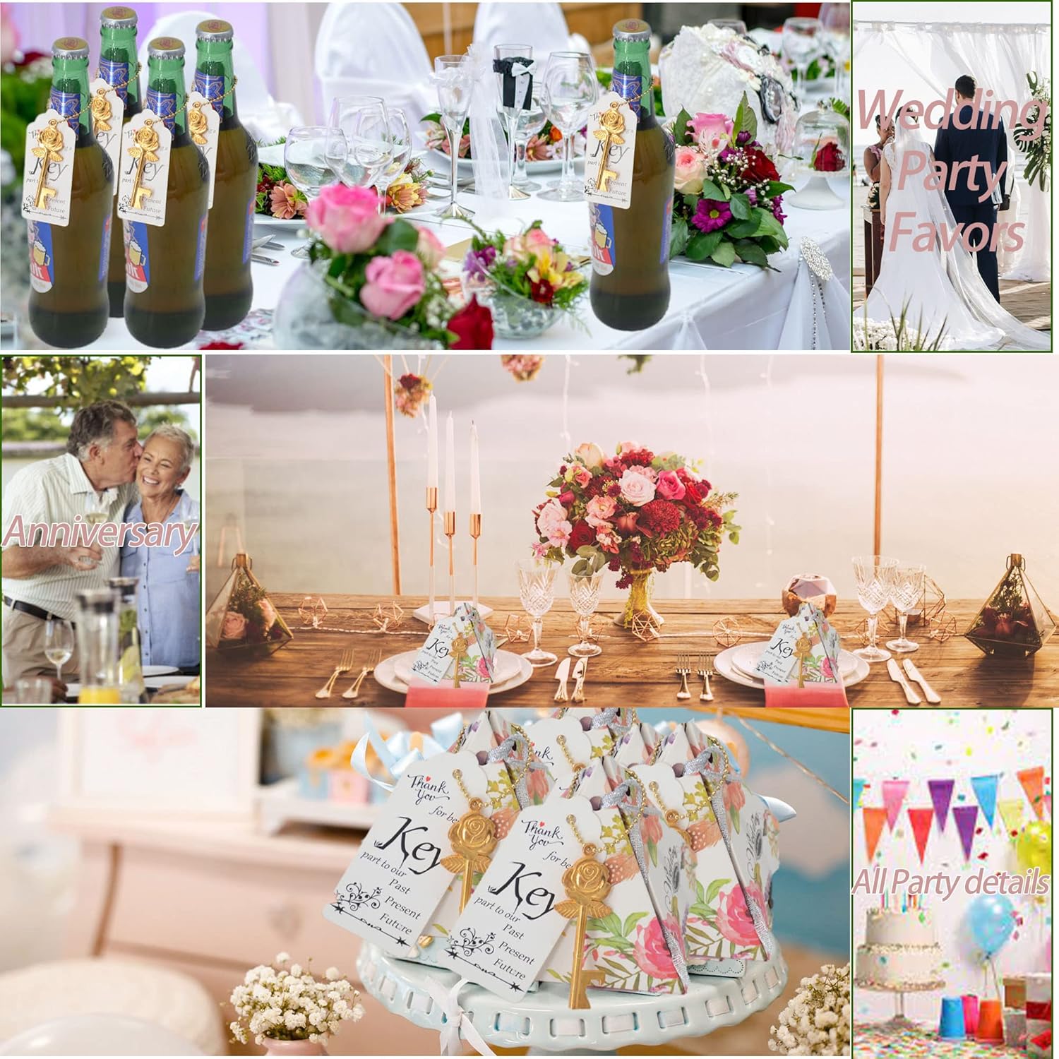 Aokbean 100 juegos de llaves en forma de flor de rosa, regalos de boda, regalo para invitados, llave de esqueleto a granel, abridor de botellas con