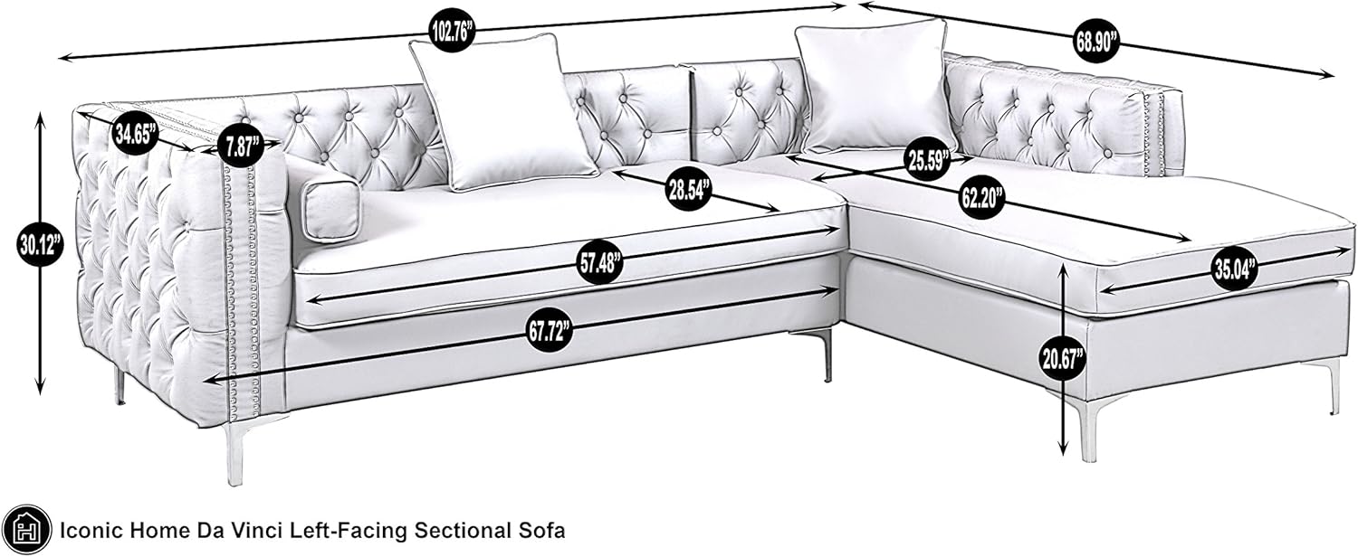 Da Vinci – Sofá seccional de piel sintética gris con ribete plateado y patas en Y de metal plateado