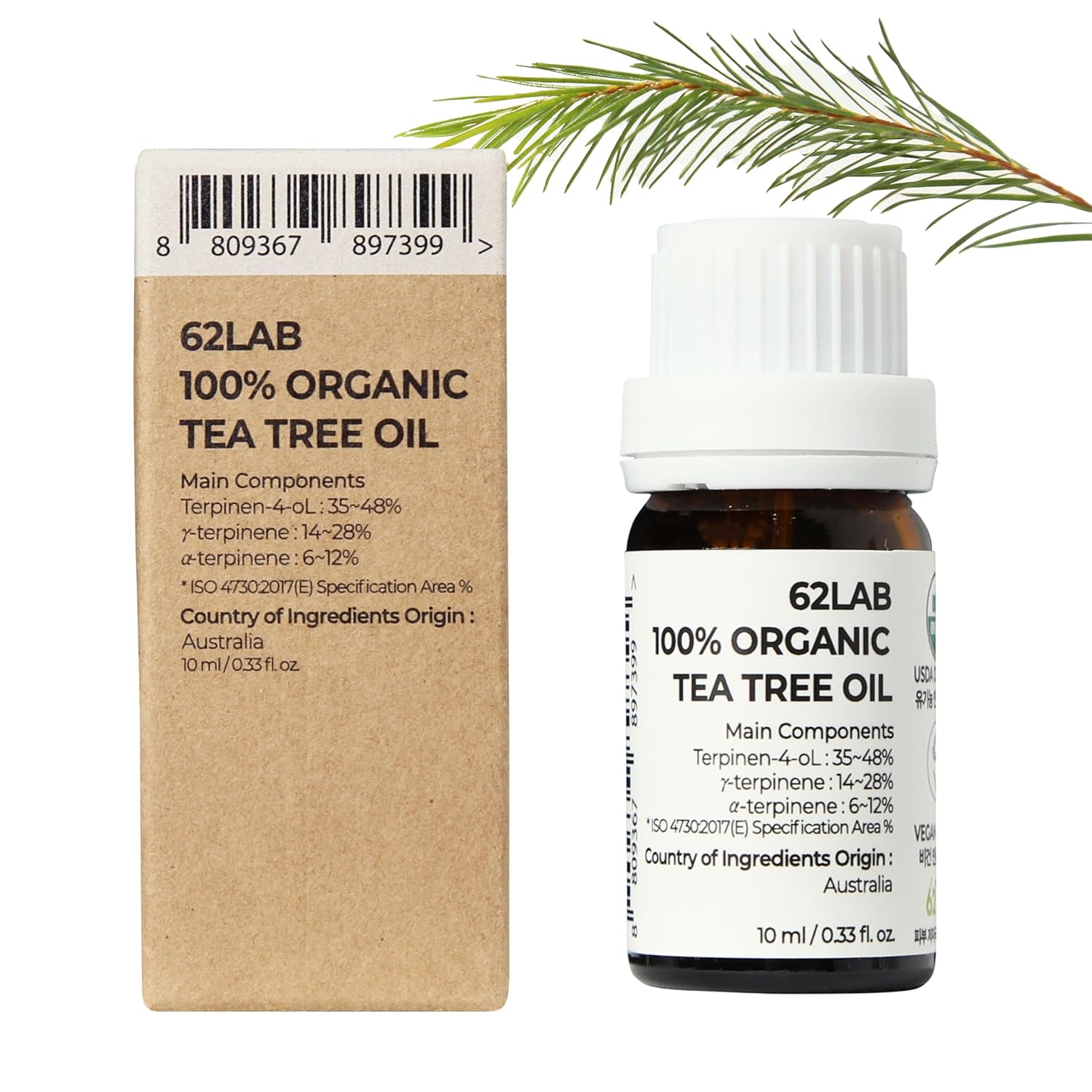 62LAB Aceite de árbol de té 100% orgánico, suero facial vegano para sebo, piel sensible al acné, hoja de árbol de té australiano orgánica 100%