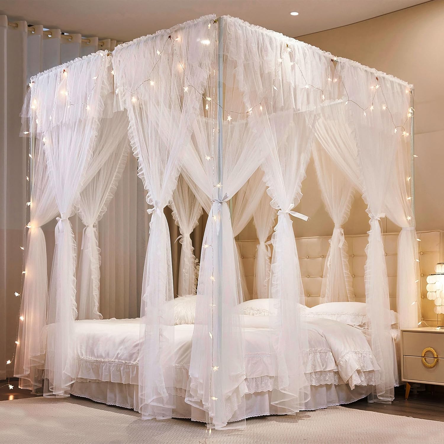 AIOOO Cortinas de princesa de 4 esquinas para niñas, 8 paneles, cortinas de malla transparente de doble capa, decoración de habitación de niñas