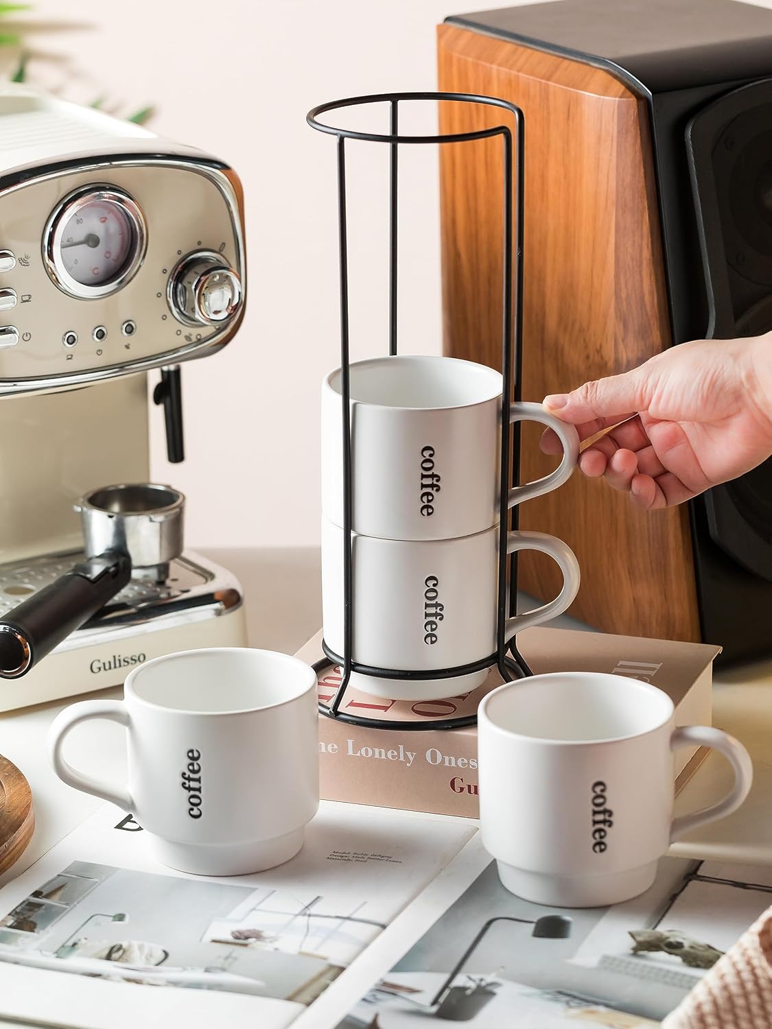 KOKUNKA Tazas de café con estante, tazas de café de cerámica grandes de 13 onzas para café, té, cacao, leche, bebidas de chocolate, aptas para