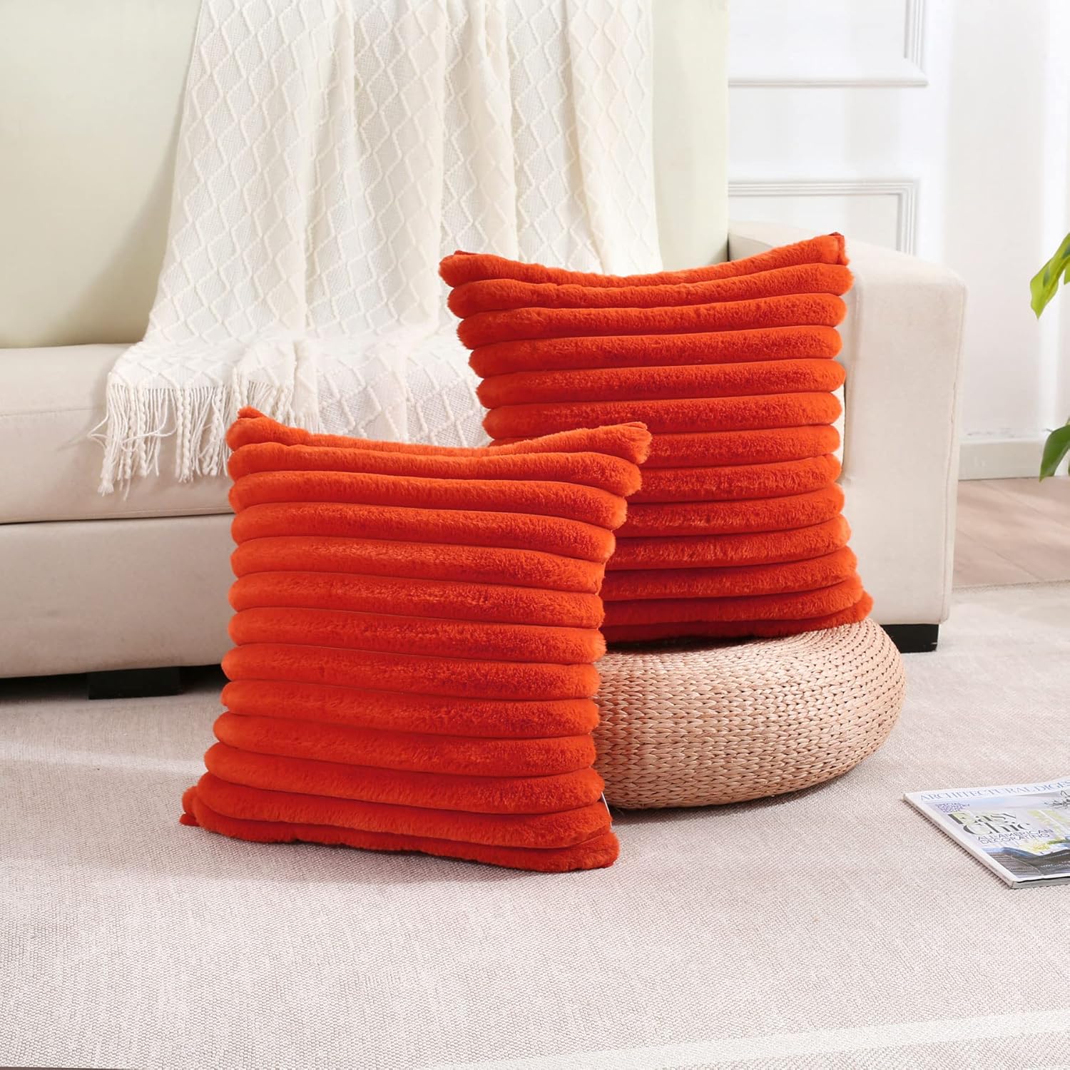 FUTEI – Juego de 2 fundas de almohada decorativas con rayas de color naranja quemado, 26 x 26 pulgadas, cuadradas y primaverales, piel sintética de