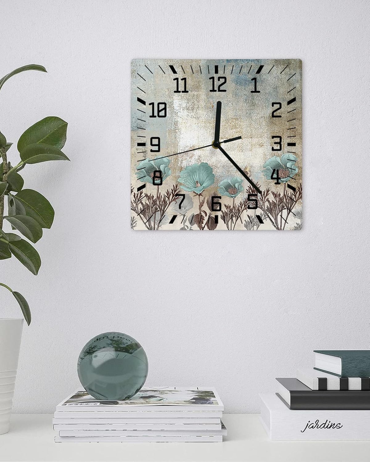 Reloj de pared cuadrado silencioso sin tictac, arte abstracto, textura vintage, flores verde azulado, relojes de pared que funcionan con pilas,