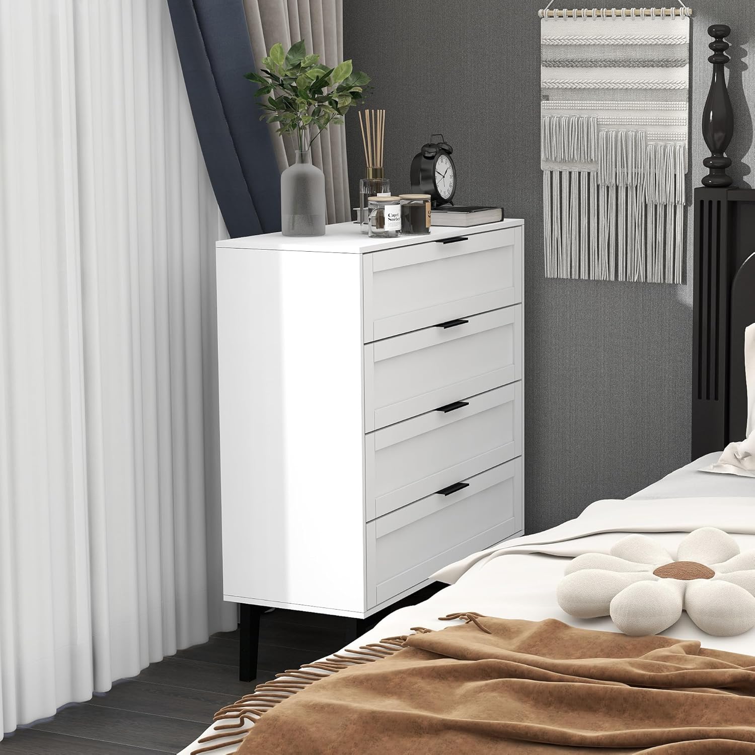 TaoHFE Cómoda blanca de 4 cajones para dormitorio, cómoda de lencería de madera para dormitorio, moderna de 36 pulgadas de alto, cómoda blanca para