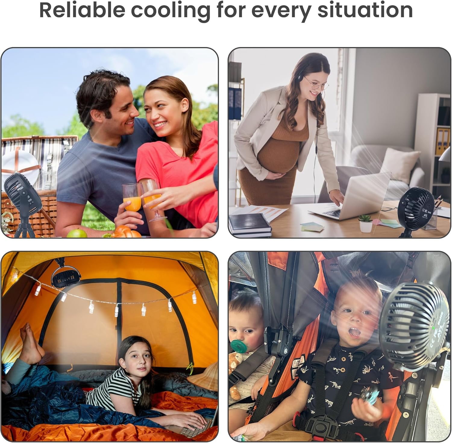 AYL Ventilador portátil que funciona con pilas, ventilador pequeño para cochecito con luces, recargable por USB, rotación de 360, trípode flexible