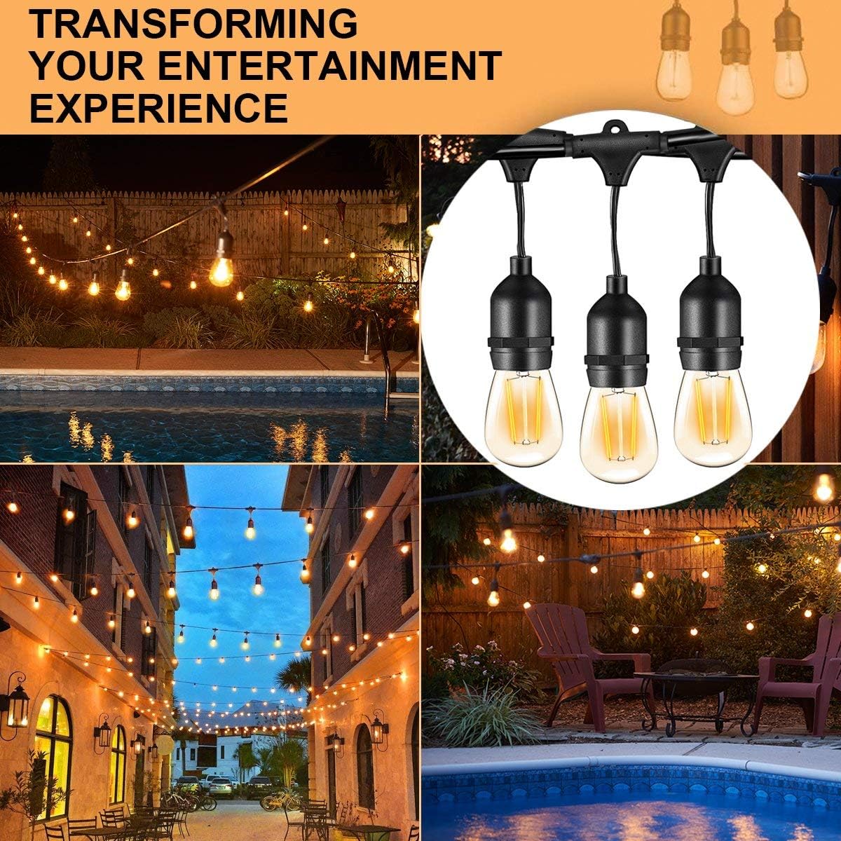 Banord Paquete de 8 tiras de luces LED para exteriores de 48 pies, luces de porche de grado comercial, luces colgantes resistentes con bombillas S14
