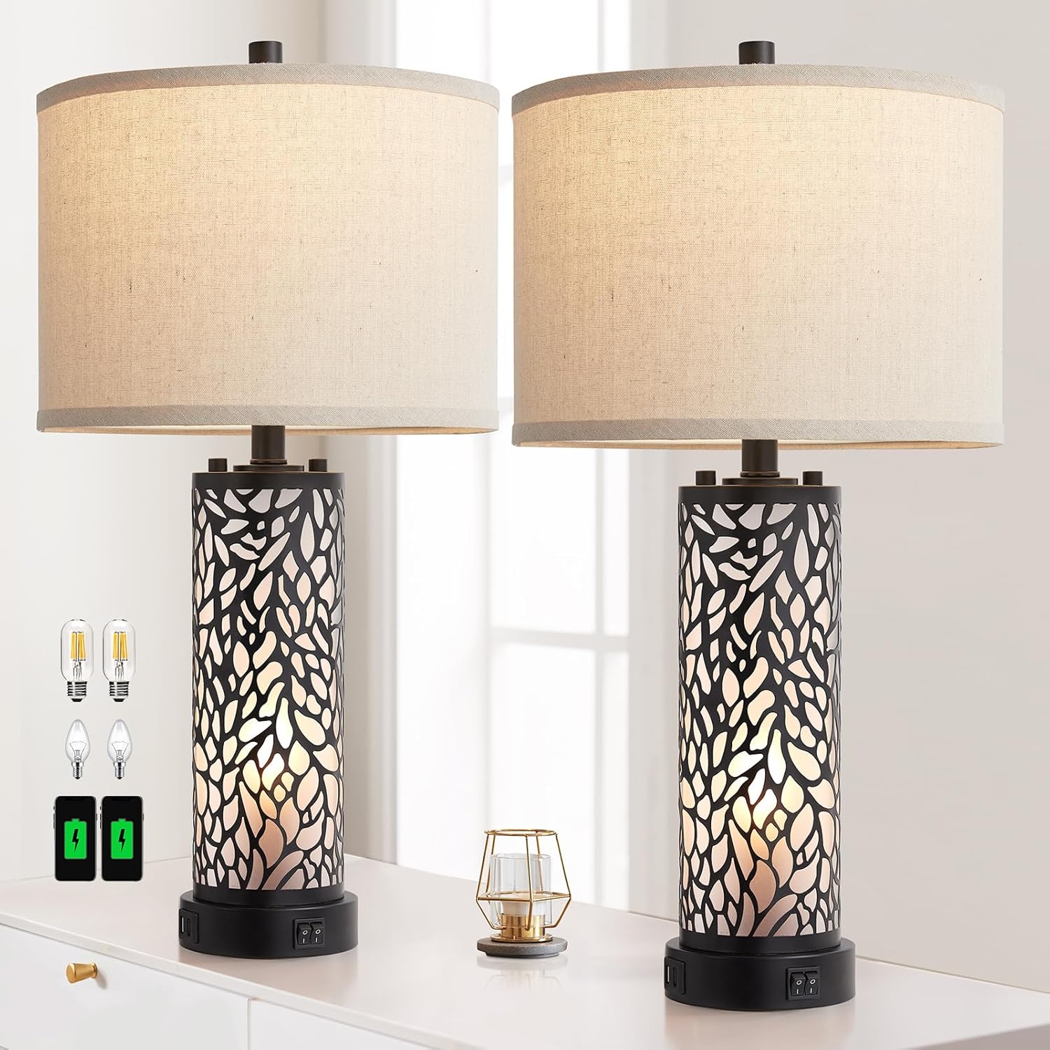 RORIANO Juego de 2 lámparas de mesa modernas para sala de estar con 2 puertos de carga USB, luz nocturna de vidrio esmerilado blanco para