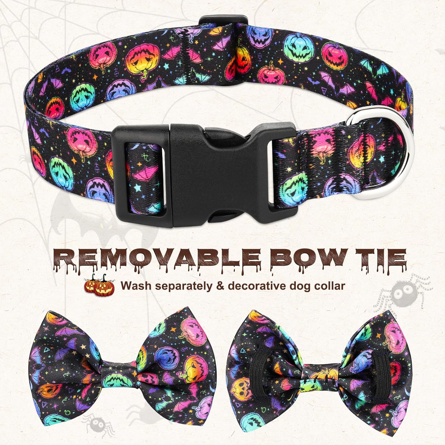 Lindo collar de perro con diseño de calabaza con corbatín para perros lindos machos, gatos, perros, collar de perro para perros pequeños, medianos y