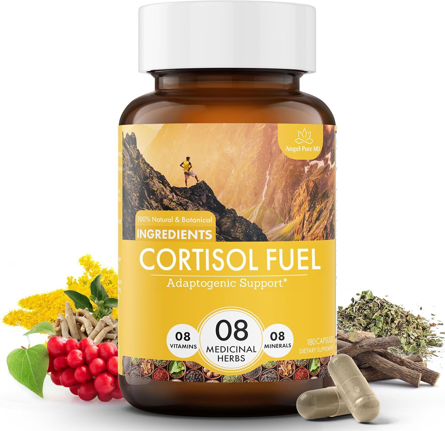 Angel Pure Cortisol Fuel Suplemento para aliviar el estrés sin alérgenos Ashwagandha Rhodiola de magnesio para apoyar el eje HPA, alivio de fatiga