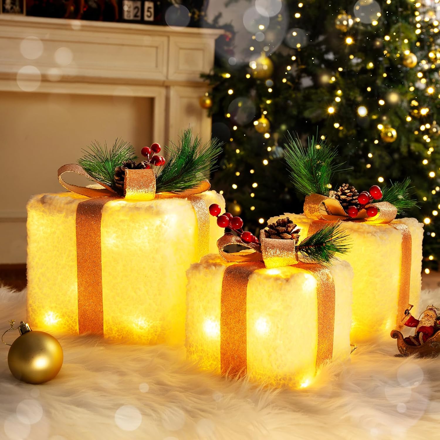 Decoraciones de Navidad para interiores, cajas de regalo iluminadas de Elegear Navidad, 8 modos y función de temporizador, juego de 3 cajas de