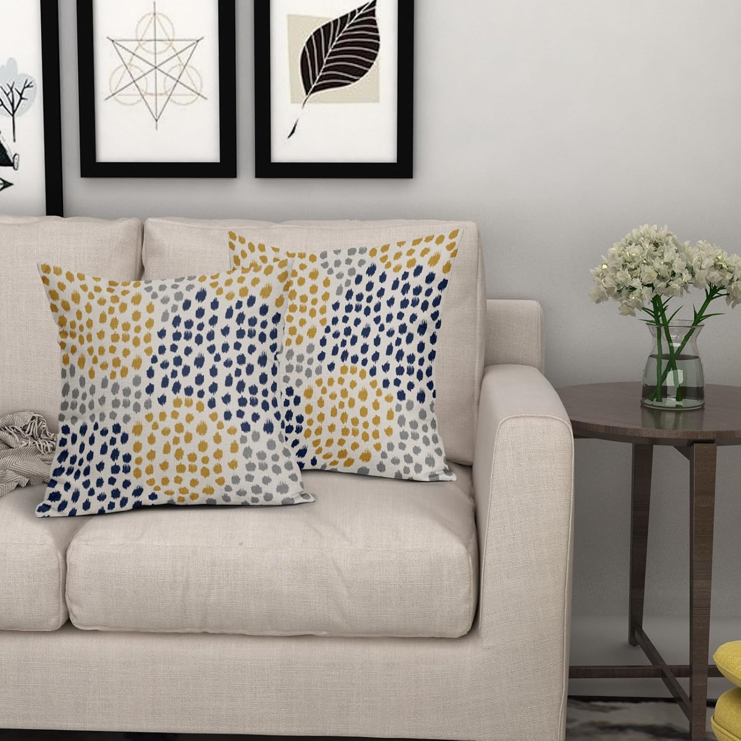 Juego de 2 fundas de almohada azules y amarillas de 18 x 18 pulgadas, diseño bohemio, diseño de lunares grises, arte moderno, estampado moderno,
