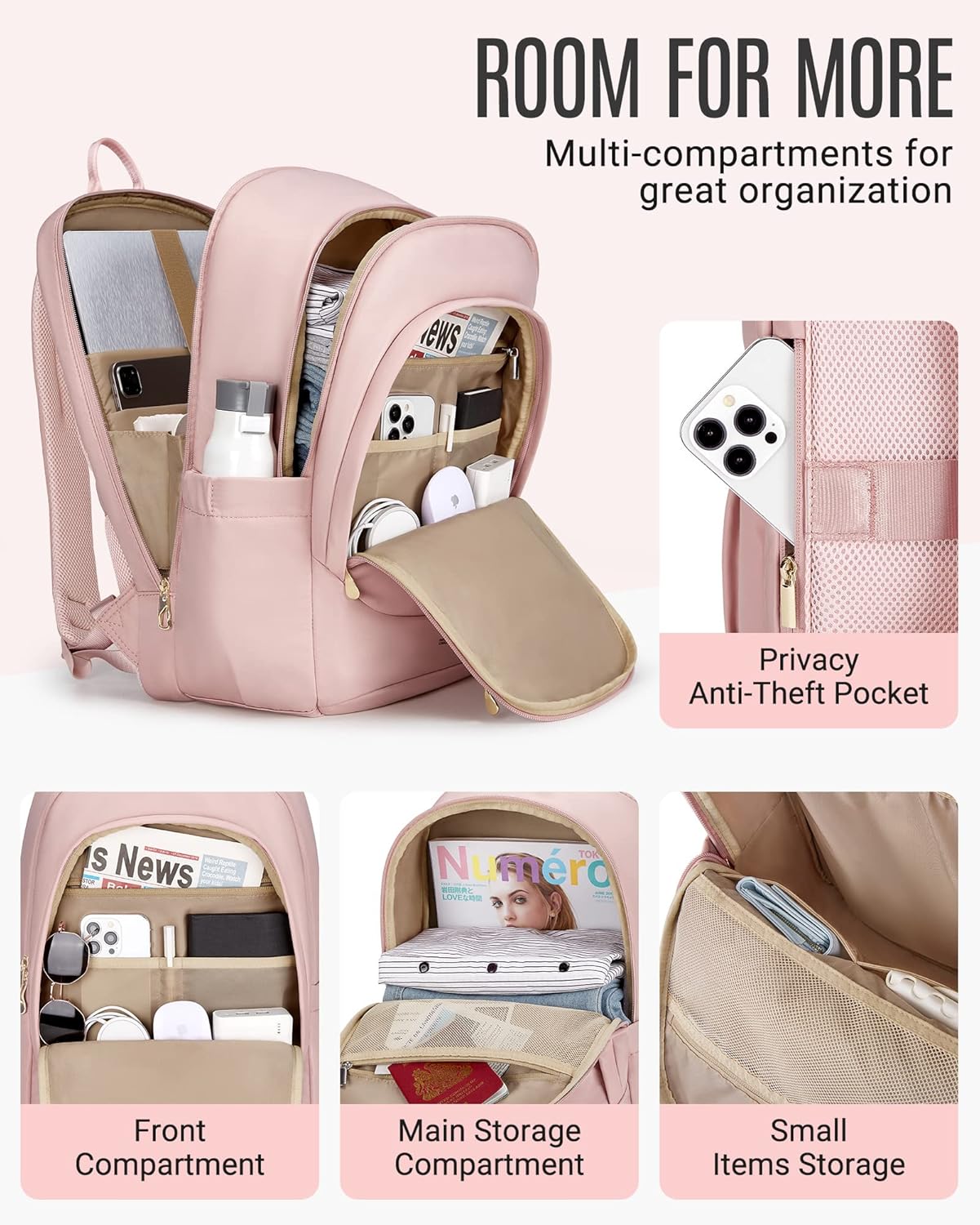 LIGHT FLIGHT Travel Laptop Backpacks for Women, 17.3 inches Anti Theft Laptop Backpack with USB Charging Hole, Water Resistant College Bookbag,