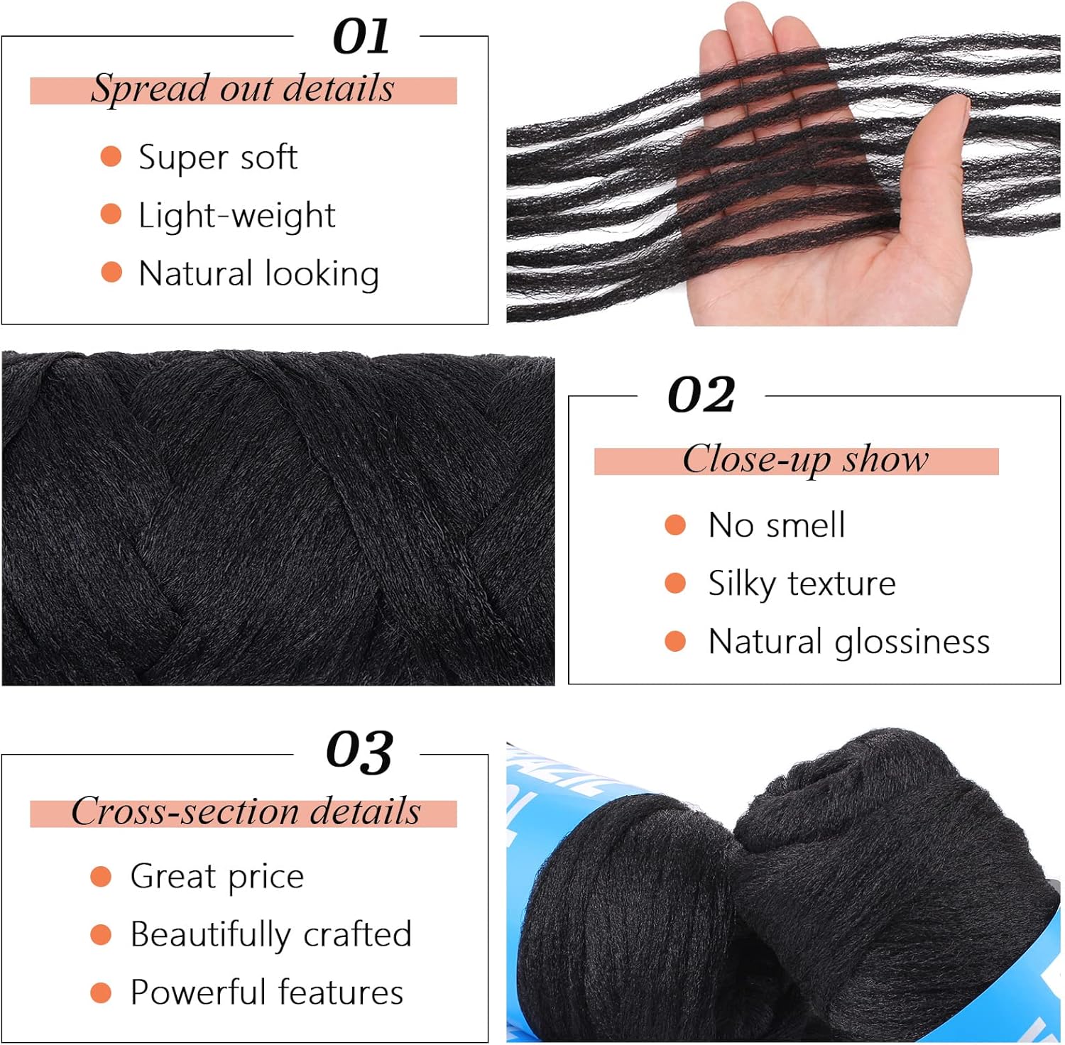 2 piezas de pelo brasileño negro natural de lana para trenzas, acrílico tejido a mano para trenzar el cabello, extensiones de cabello sintético,