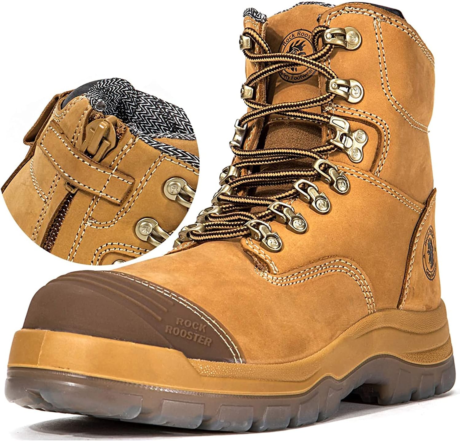 ROCKROOSTER Botas de trabajo para hombre, 7 pulgadas, punta de acero, cremallera lateral, zapatos de cuero aceitado de seguridad antideslizantes,