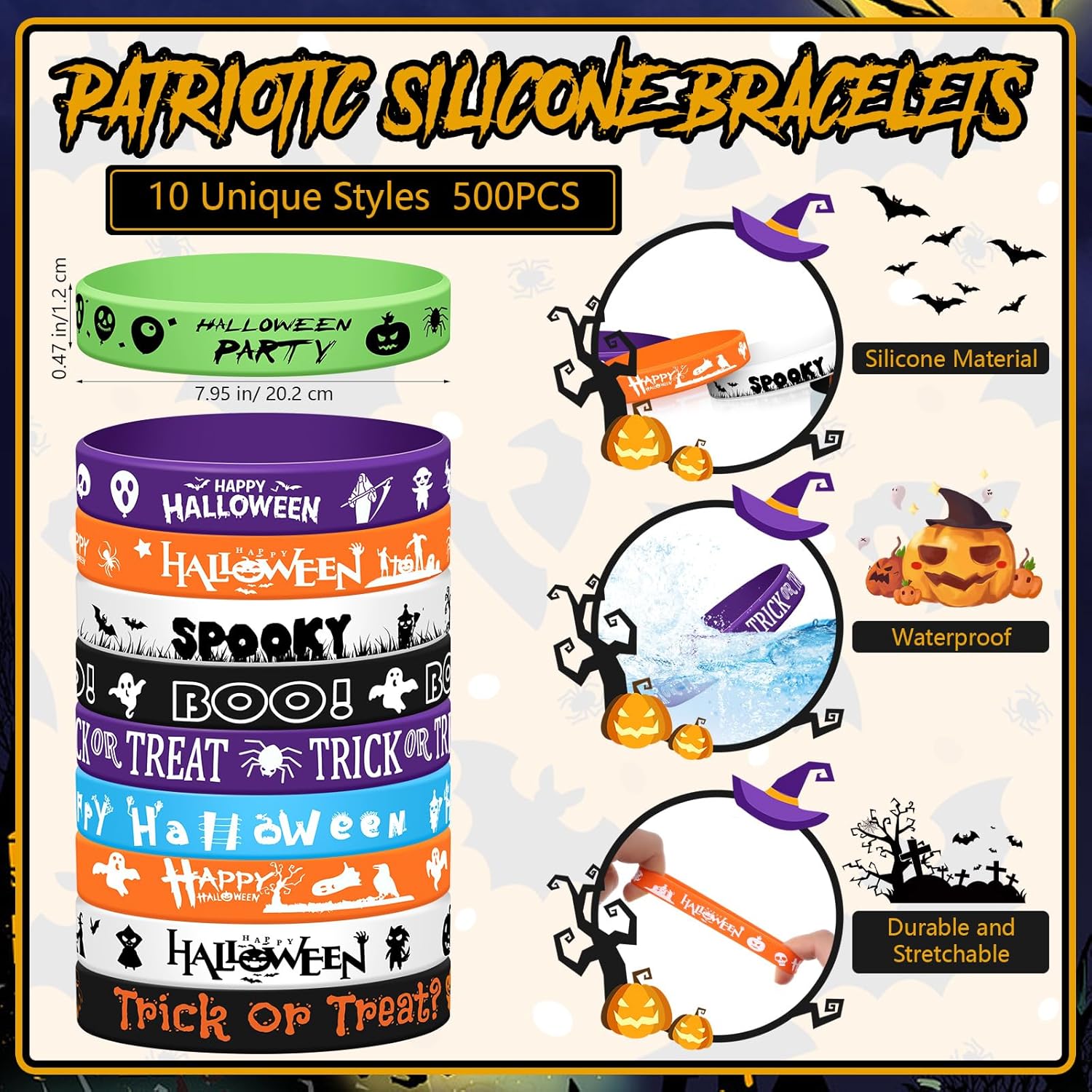 Halloween Rubber Wristbands Halloween Silicone Bracelets Trick or Treat for Kids Halloween Party Favors for Kids