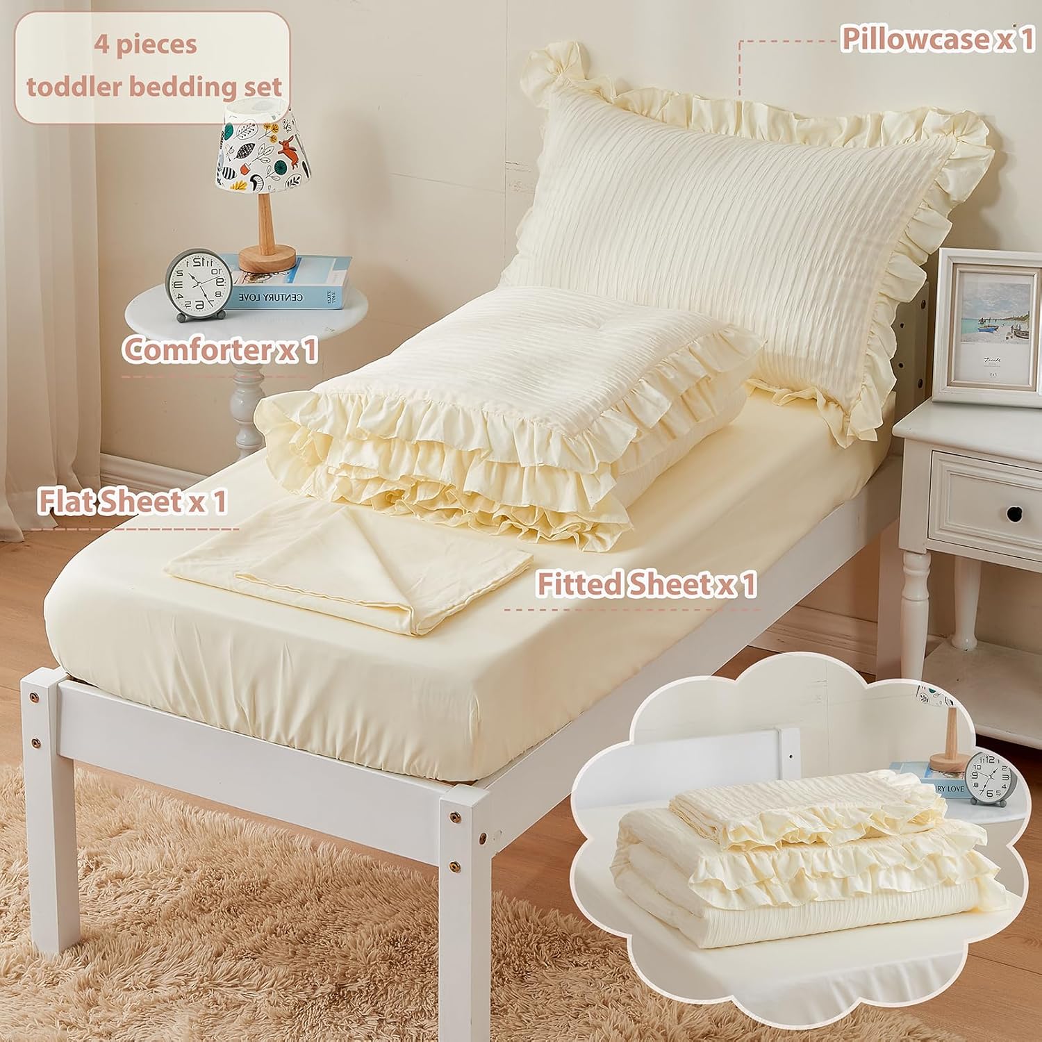 Juego de ropa de cama de 4 piezas con textura de sirsaca para niñas, juego de sábanas para cuna, color beige, con volantes, ropa de cama suave y