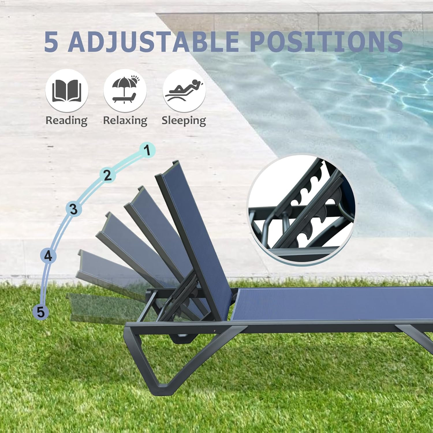 Domi – Juego de 2 sillas para patio, tumbonas de aluminio con respaldo y ruedas ajustables en 5 posiciones, sillas de salón al aire libre para