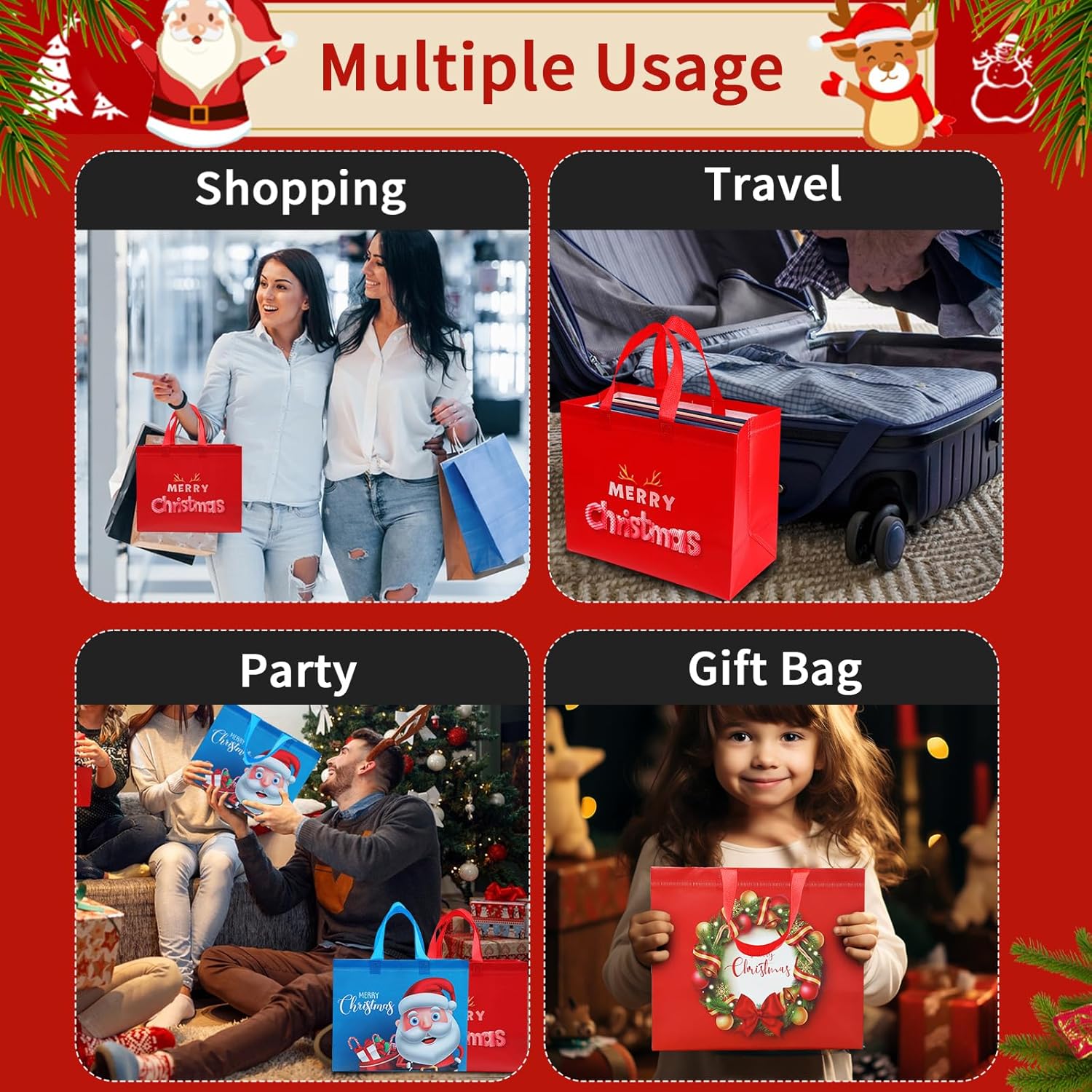 Bolsas de regalo de Navidad, 6 bolsas de regalo grandes para regalos de Navidad, bolsas de regalo reutilizables con asas, bolsas de Navidad, bolsas