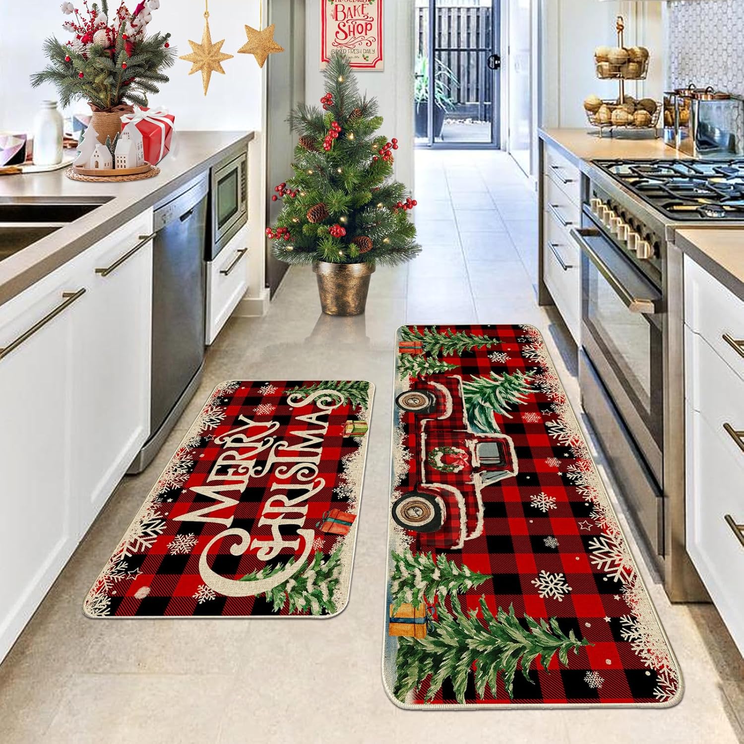 Juego de 2 tapetes de cocina de Navidad para piso, juego de 2 alfombras de cocina de Navidad, diseño de camión de granja, diseño de búfalo rojo,