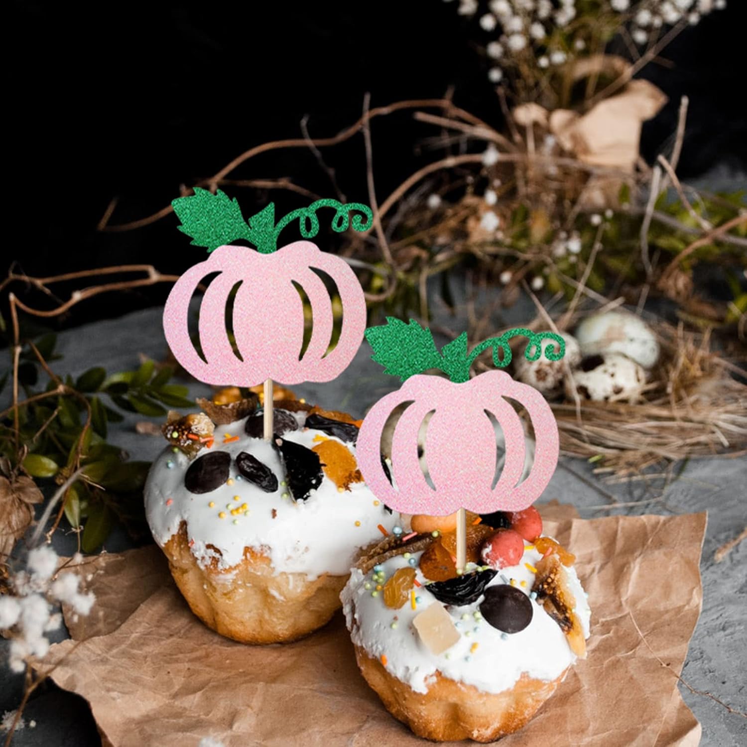 Paquete de 24 adornos de calabaza para cupcakes con purpurina con temática de otoño, cosecha de otoño, temática de calabaza, baby shower,