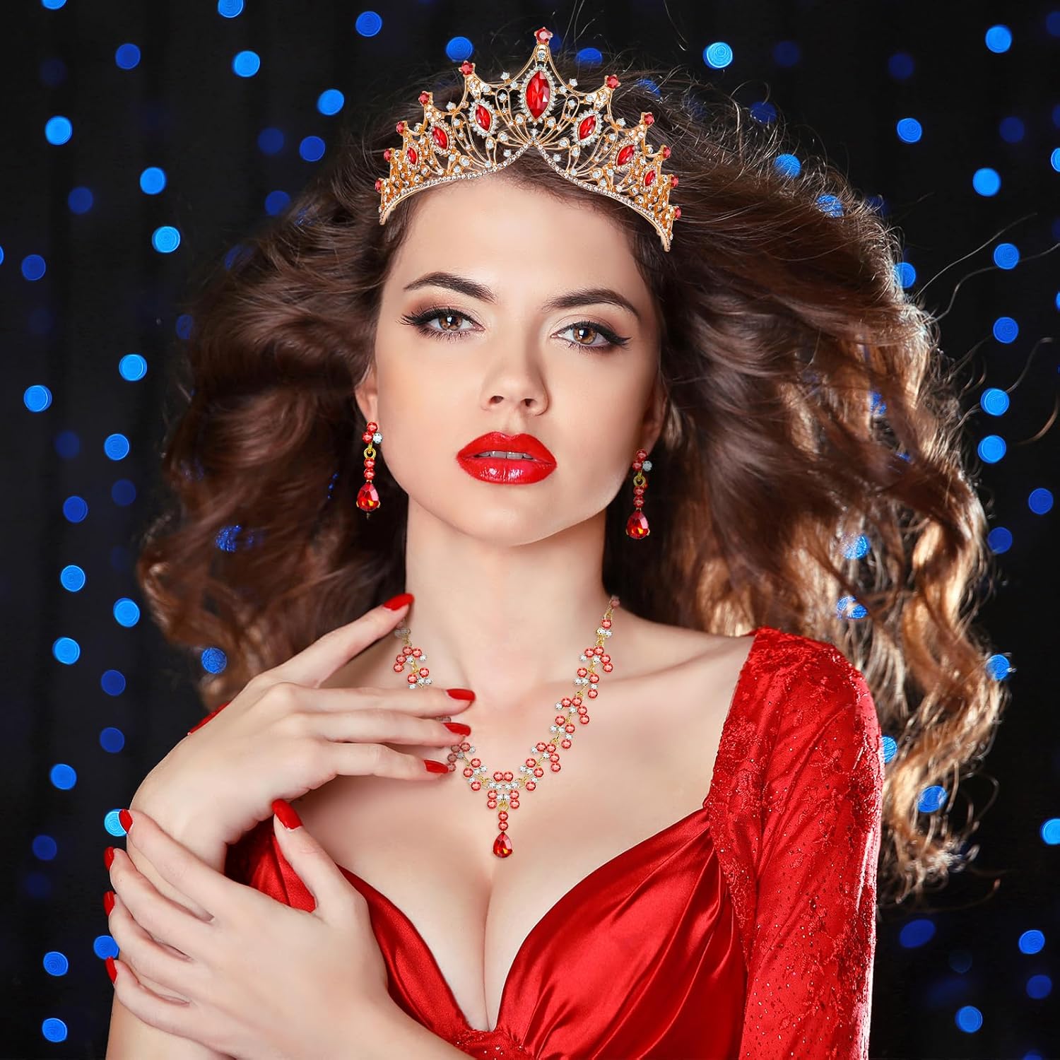 Hicarer Juego de 3 piezas de corona barroca de reina, aretes de tiara, collar, diadema de cristal, tiaras y coronas para mujer, joyería de boda,