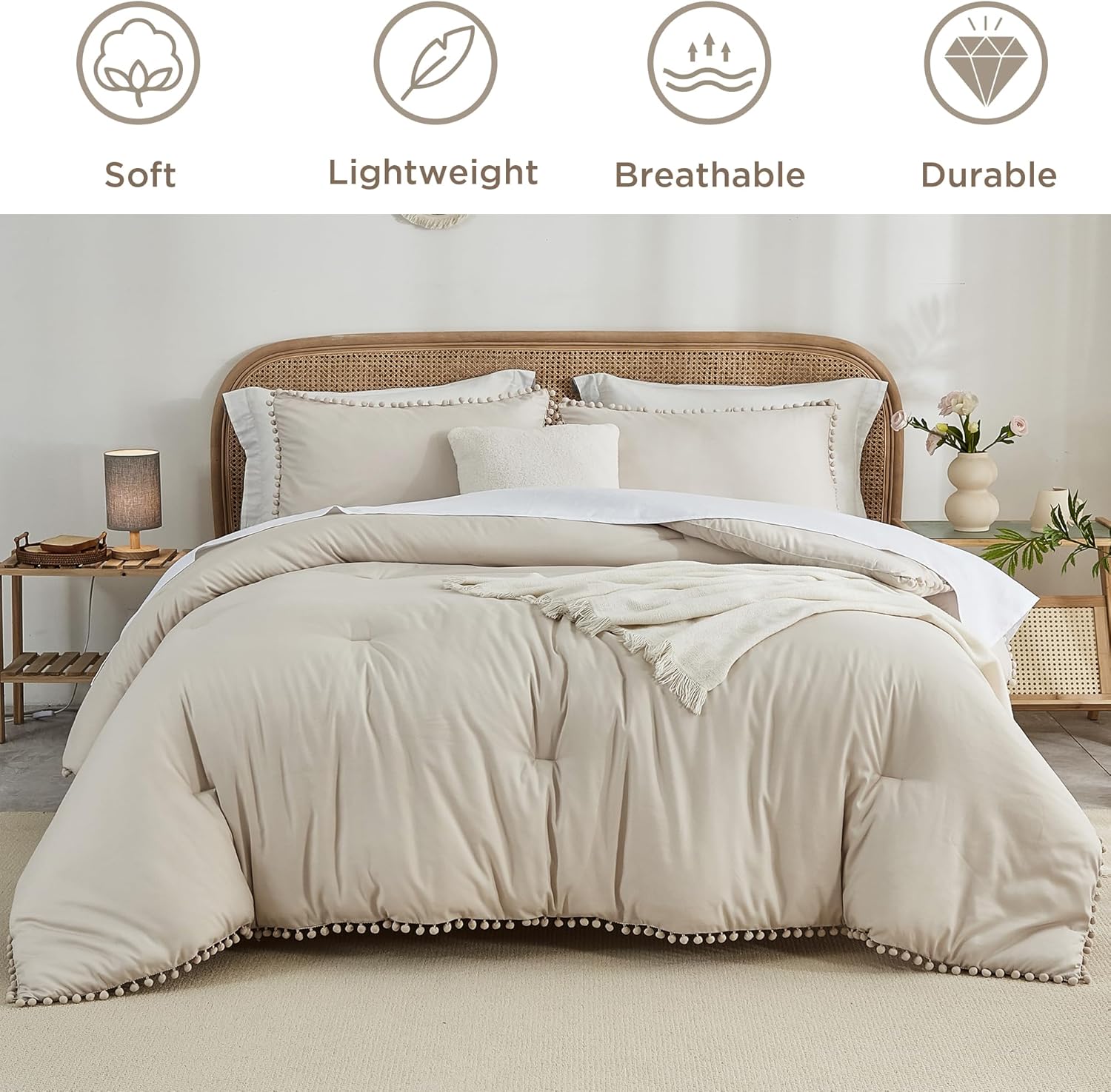 annadaif Juego de edredón beige tamaño Queen, edredón de 3 piezas con flecos de pompones, juego de ropa de cama de microfibra suave alternativa para