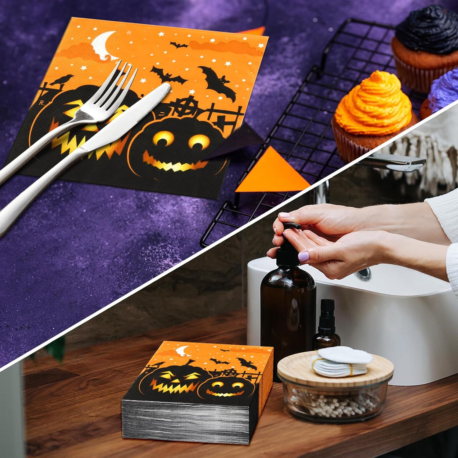 100 servilletas de Halloween de papel, calabazas de papel, cócteles, bebidas, almuerzo, servilletas de cena, suministros de fiesta, decoraciones de