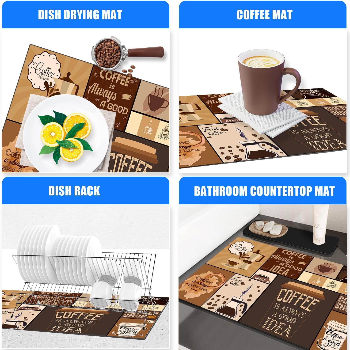Tapete de secado de platos para encimera de cocina, tapete de café marrón acuarela con protección contra derrames para platos, cafetera y olla,