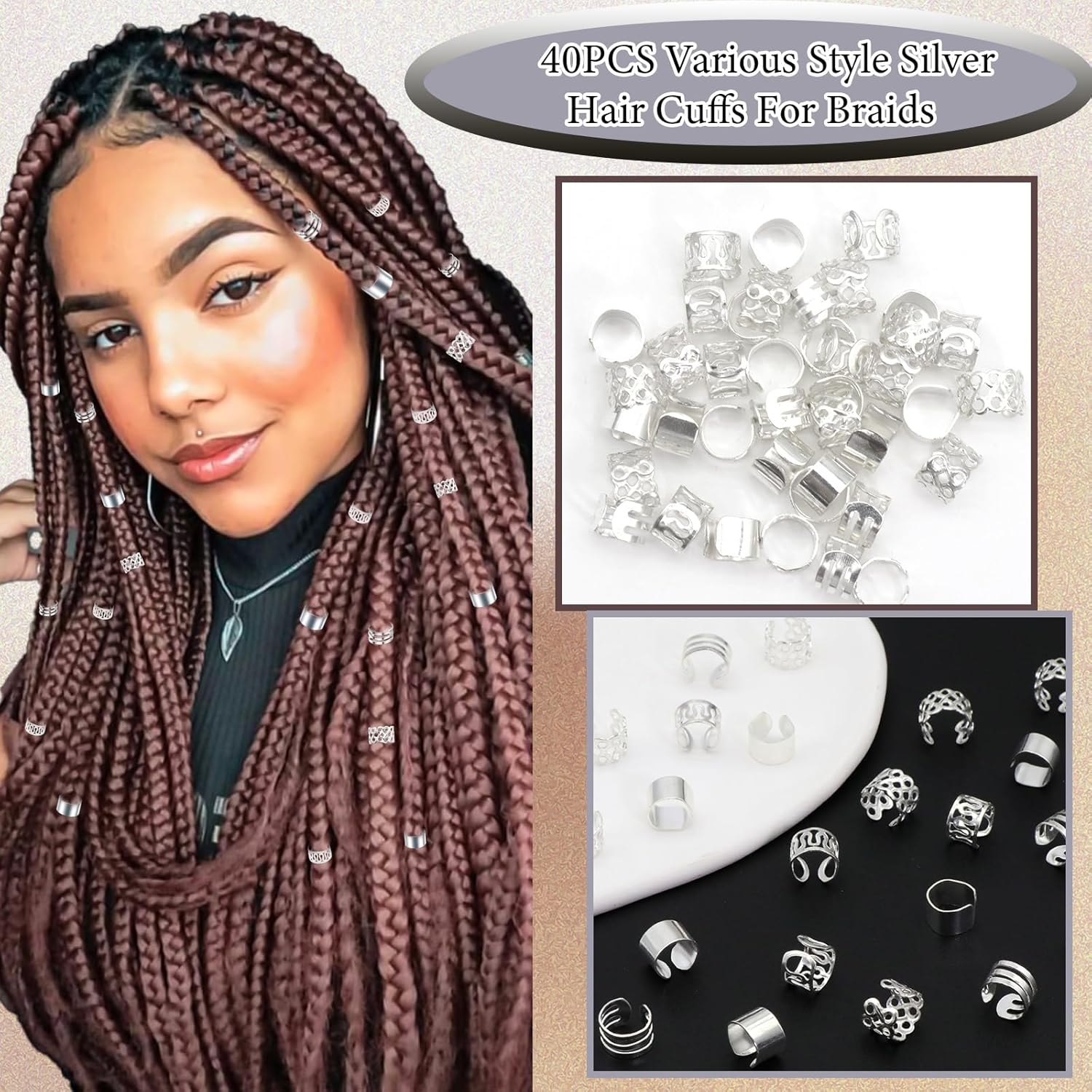 VENOFEN 40 piezas de pulseras plateadas para el cabello, joyería de rastas, para trenzas, aleación de metal, joyería para el cabello, pinzas para