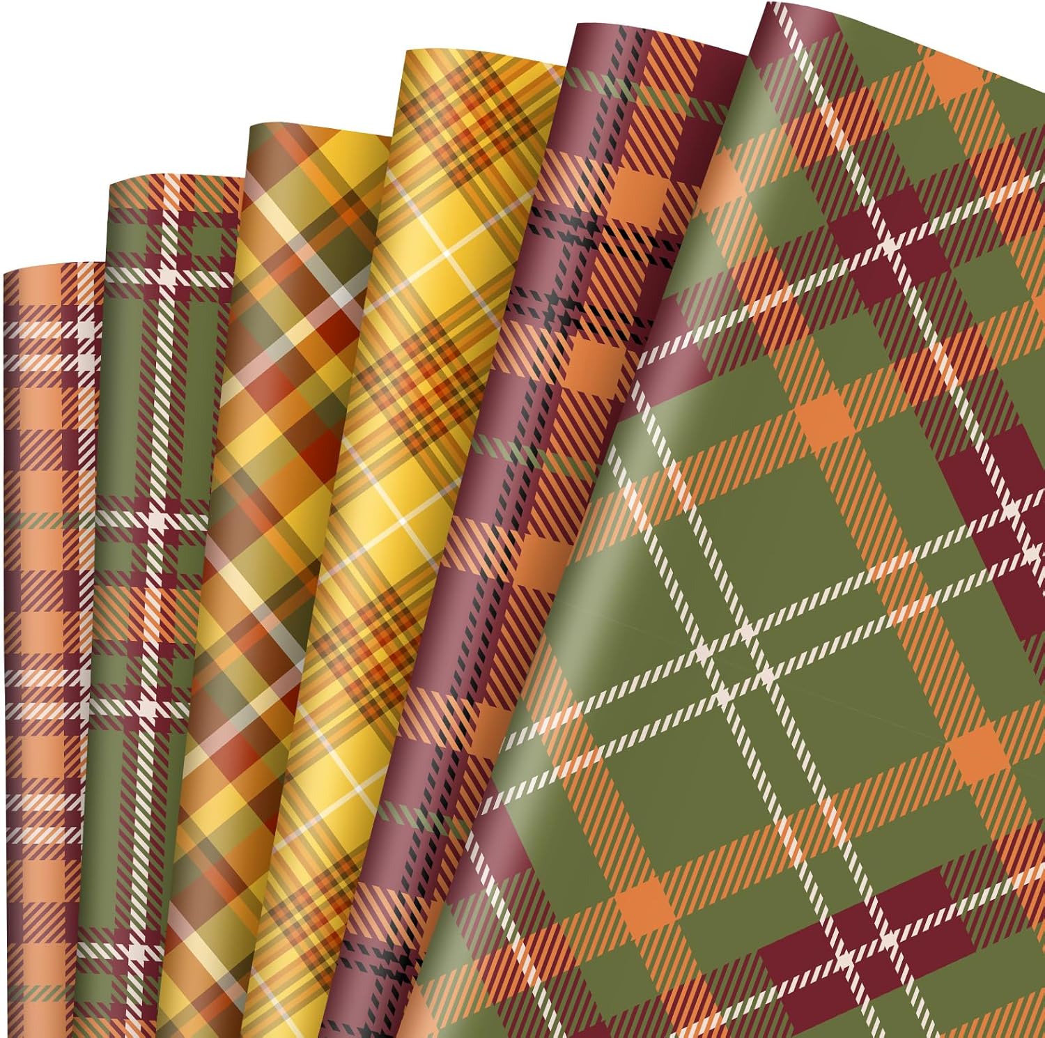 Whaline 12 hojas de papel de regalo de otoño, 6 estilos, papel de embalaje a cuadros amarillo y verde, plegado, papel de manualidades para otoño,