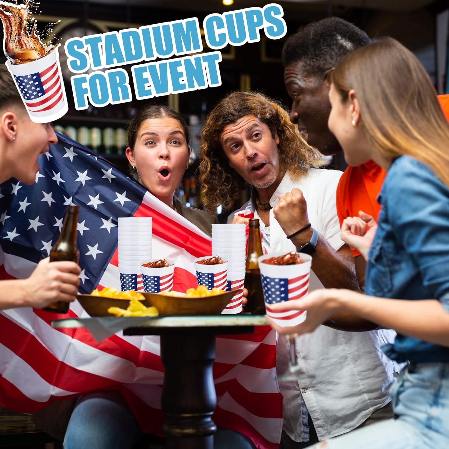 64 vasos patrióticos de plástico con la bandera estadounidense, vasos para fiestas en estadios del 4 de julio, vasos blancos, rojos y azules, vaso