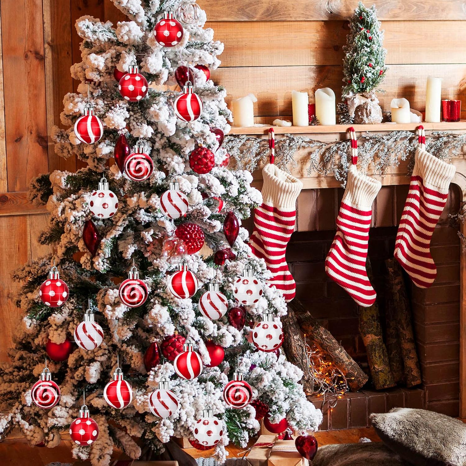 Bolas de Navidad adornos mini colgantes para árbol de Navidad, bolas de Navidad rojas y blancas, adornos decorativos para colgar con lazo para