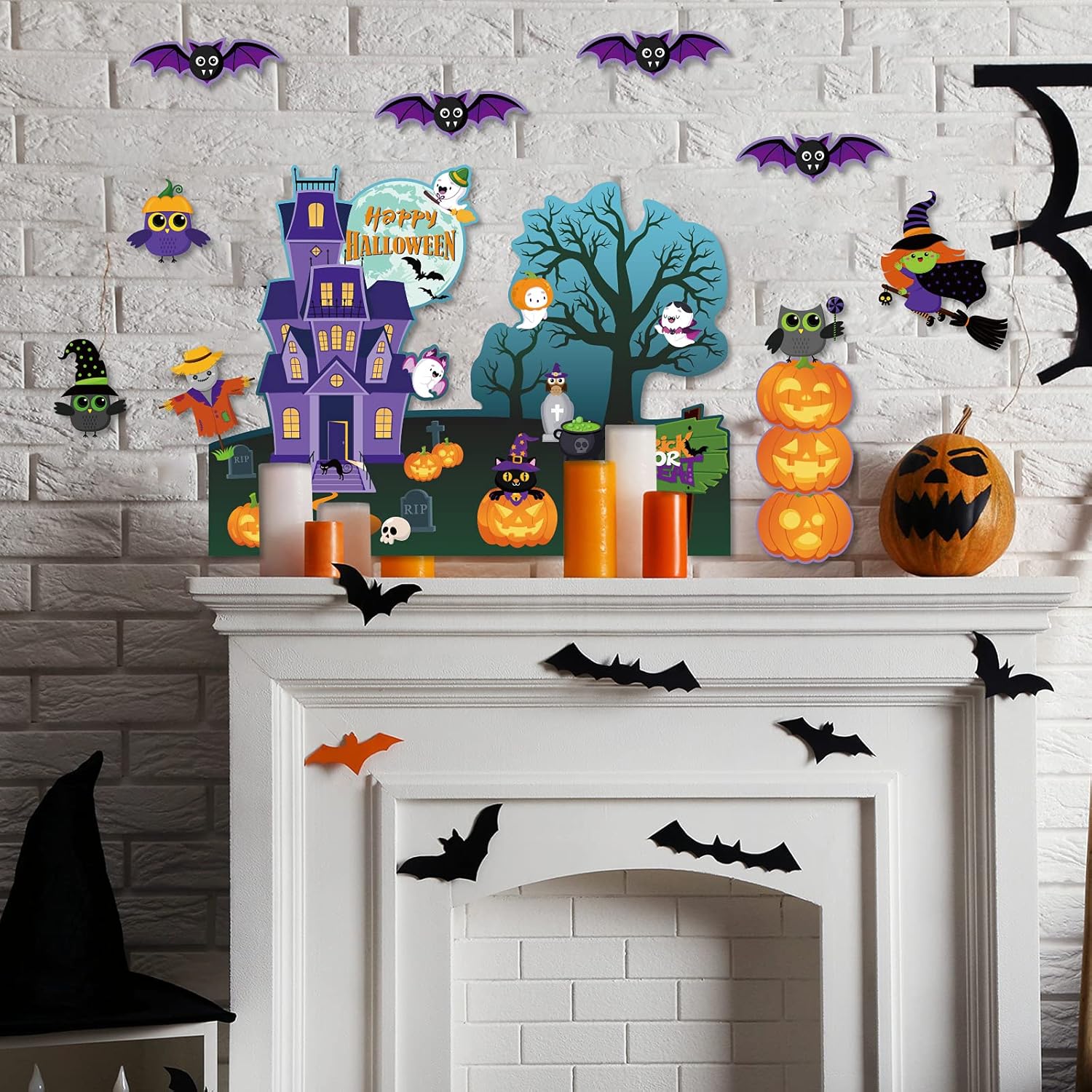 Decoración de tablero de anuncios de Halloween para el aula, recortes de papel, golosinas, calabaza, búho, gato, murciélago, bruja, fantasma,