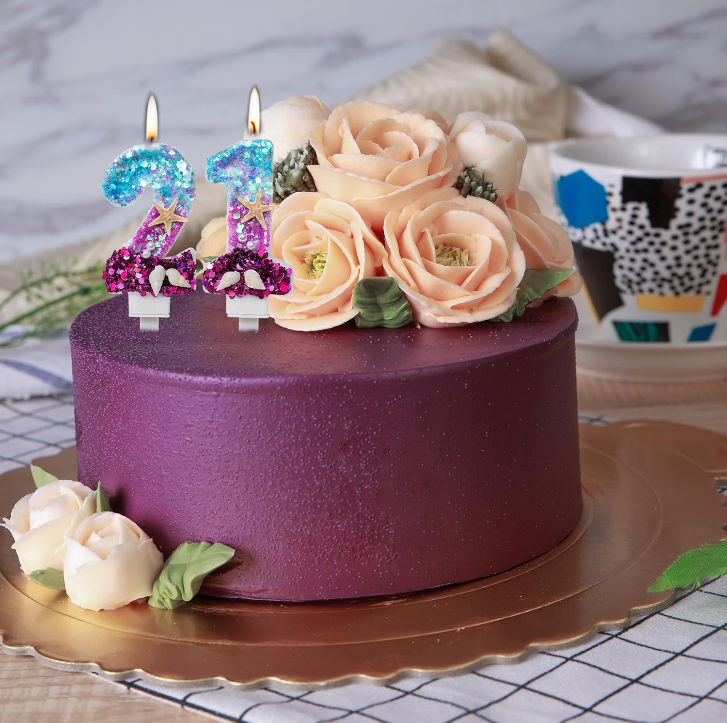 Vela número 3, vela de cumpleaños azul y morado para usar como parte de una fiesta bajo el mar o sirena