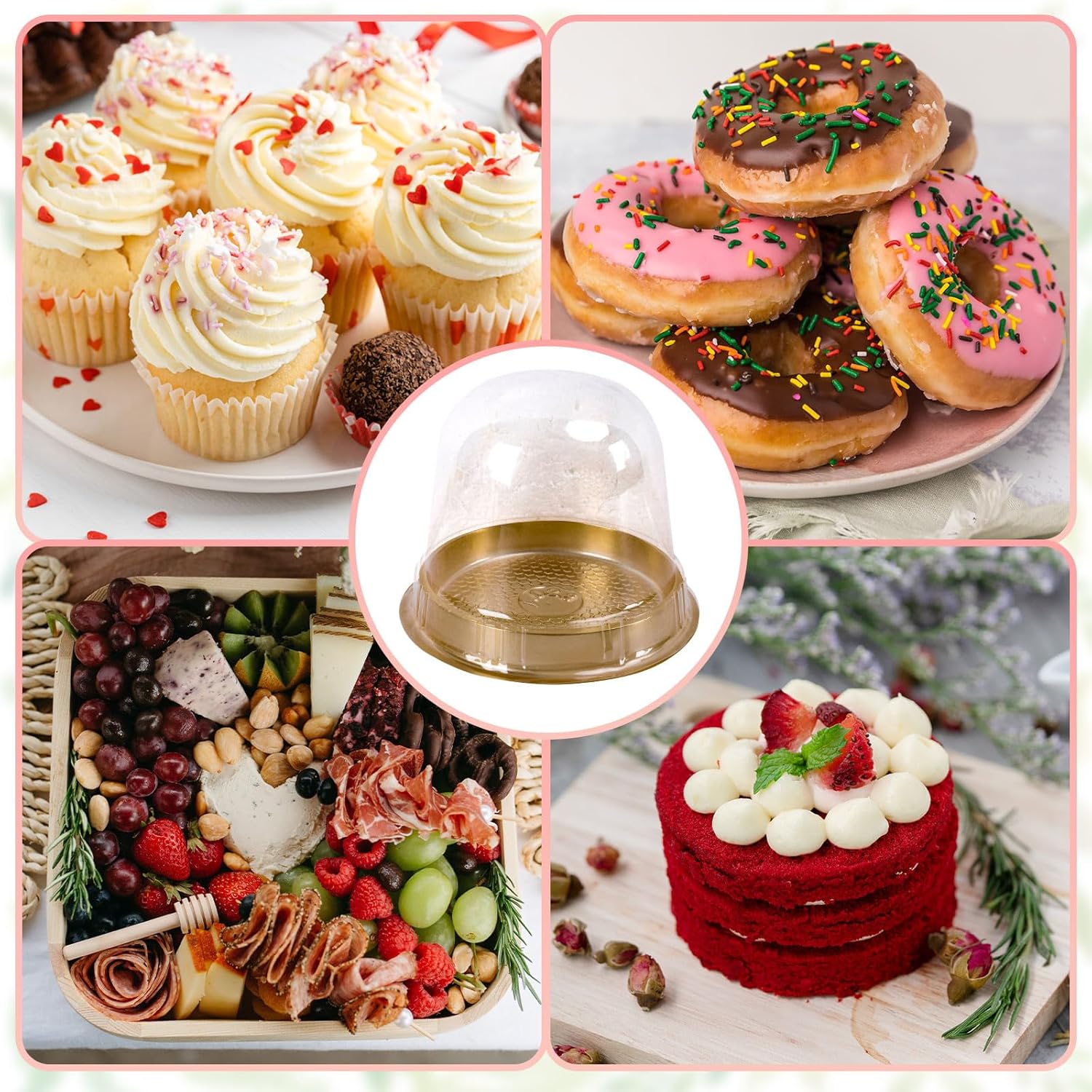 Whaline Juego de 50 vasos desechables individuales para cupcakes, de plástico transparente, con mini cuerda de madera para postizo de graduación,