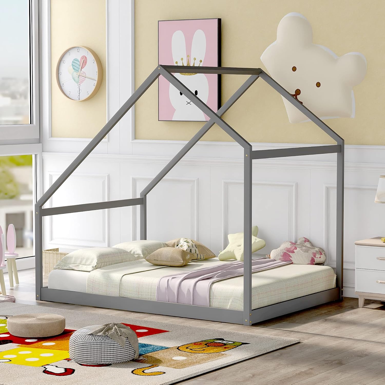 Cama de casa completa para niños, cama completa en forma de casa, marco de cama matrimonial de madera con techo para niños pequeños, niños, niñas y