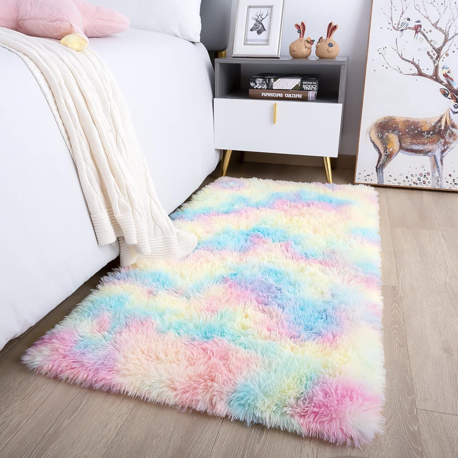 Noahas Alfombra esponjosa de arcoíris para dormitorio de niñas, alfombras peludas para sala de juegos de niños, alfombras Kawaii mullidas para