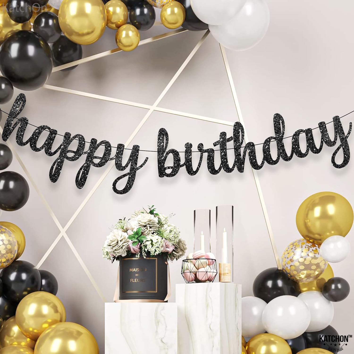 KatchOn Cartel de feliz cumpleaños negro con purpurina  10 pies, NO DIY  Cartel de cumpleaños negro  Decoraciones de cumpleaños negras  Cartel negro