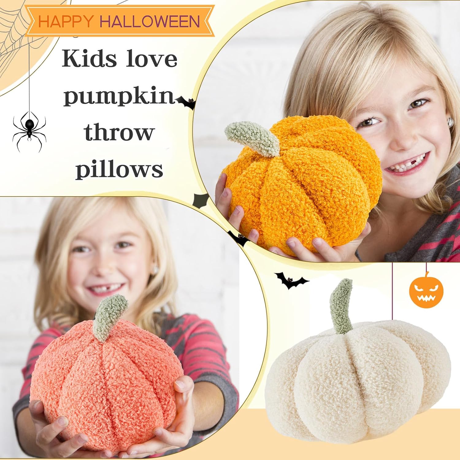 Calabaza de peluche de Halloween con forma 3D decorativa de Acción de Gracias, suave y linda, 11 pulgadas, 7 pulgadas (naranja clásico, blanco,