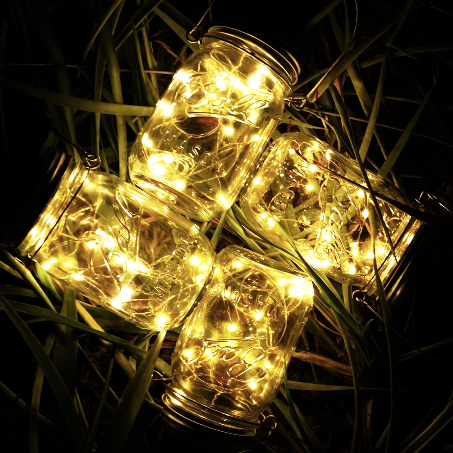 Paquete de 10 luces solares para tarros de masón, 20 luces LED con forma de hada y estrella, con 10 colgadores, resistente al agua y al óxido, para
