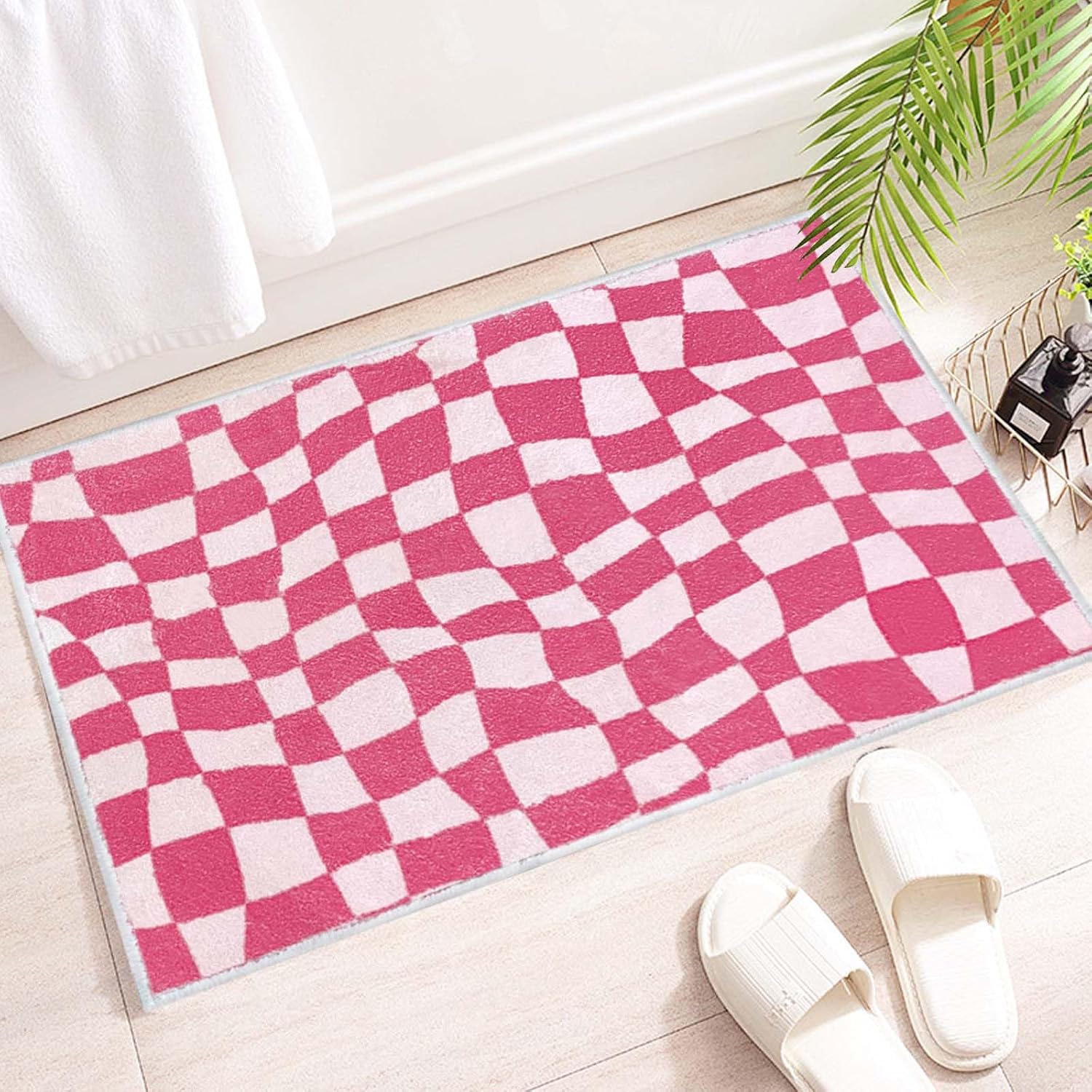 BOAZZ Alfombra de baño rosa Preppy Decoración de habitación (a cuadros)