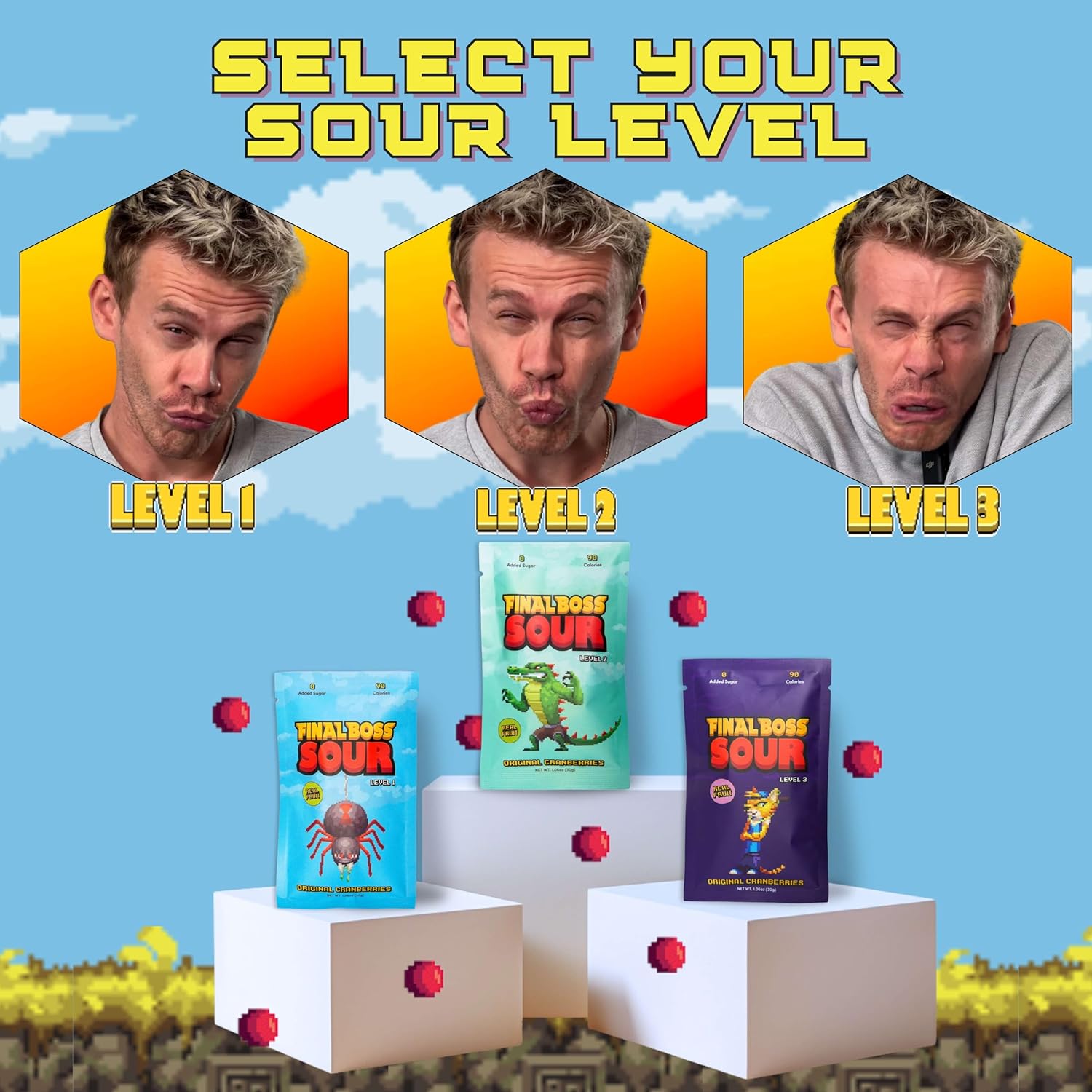 Final Boss Caramelos extremadamente ácidos, gomitas naturales de arándano masticables hechas con frutas secas, libres de colores artificiales,